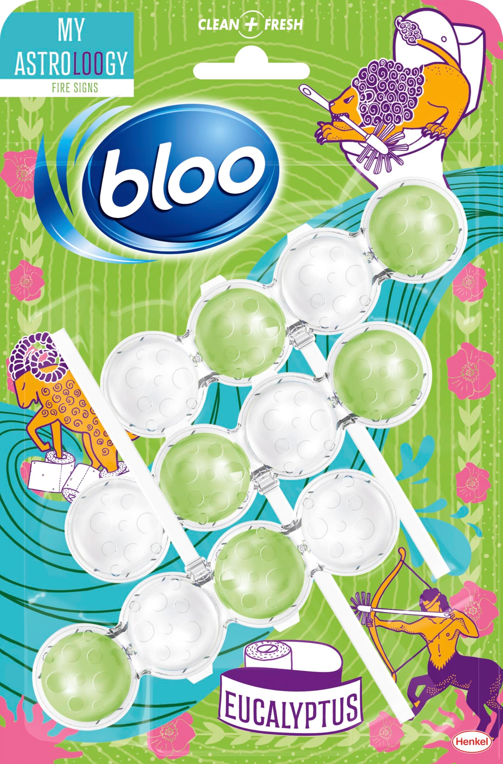 Bloo Toilet Rim Block Eucalyptus (50g), Clear Water Toilet Rim Block with Fresh Eucalyptus Scent, with Anti-Limescale Formula, Pack of 3 Rimblocks