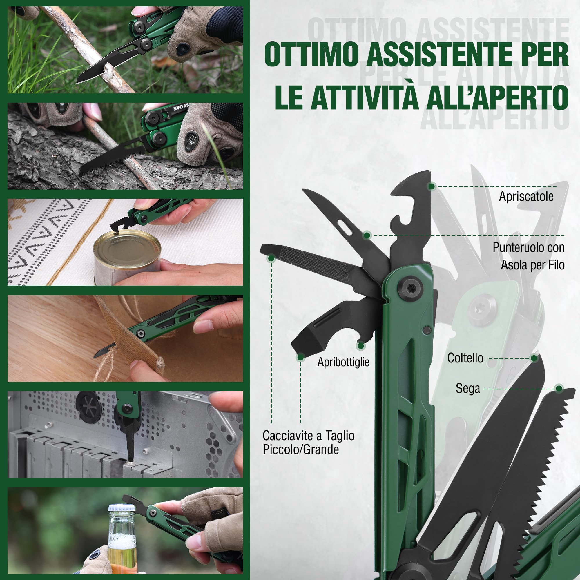 Mossy Oak 27-in-1 Pinza Multifuzione in Acciaio Inossidabile, Multitool Pieghevole con 4 Punte, Ideale per Escursioni, Campeggio e Riparazioni, Compreso Astuccio, Verde