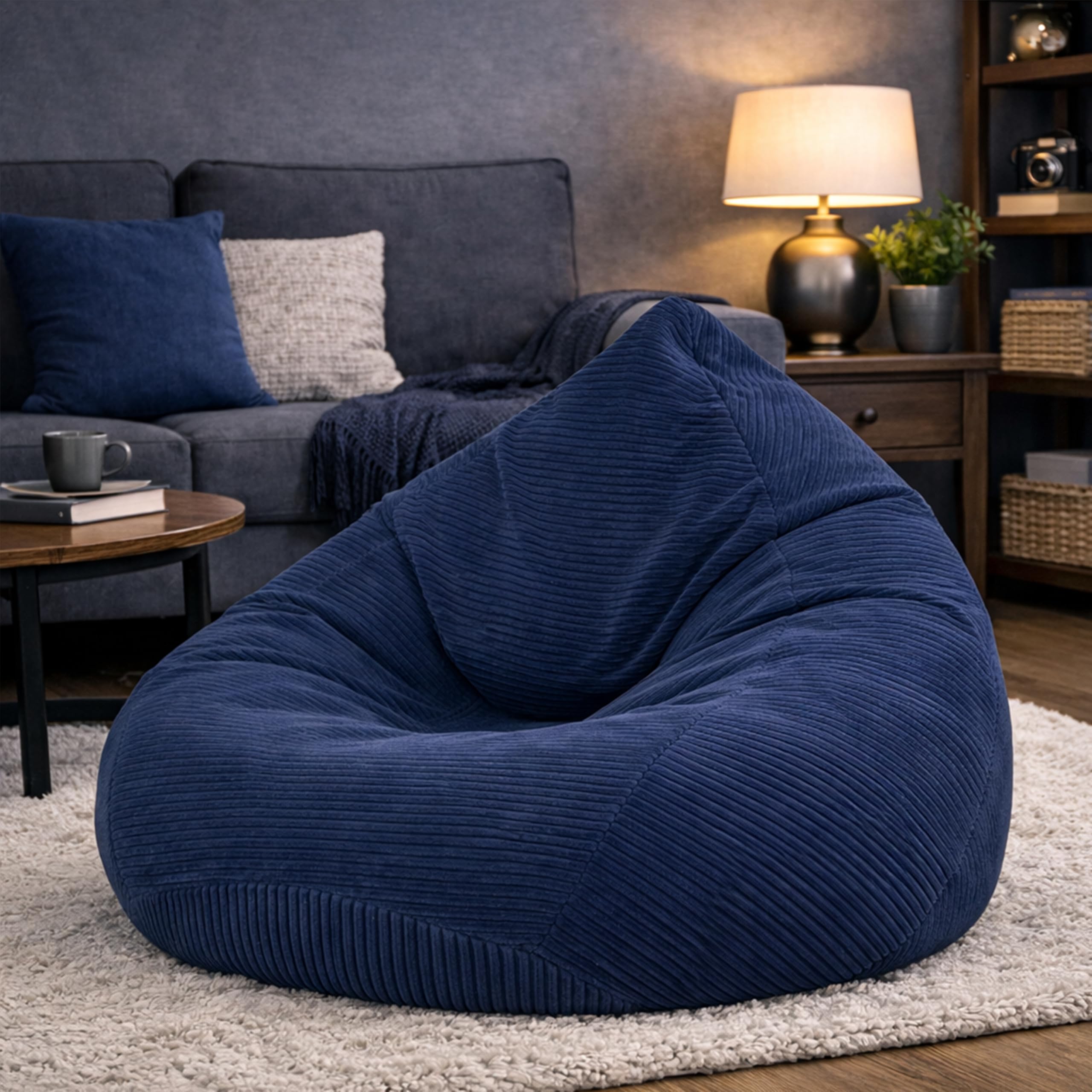 BuBiBag Premium Sitzsack Cord XXL – Fertig befüllt & Oeko-Tex Zertifiziert – Kratzfester Breitcord Gaming Sessel – Robuster Bean Bag für Kinder & Erwachsene – Pflegeleicht (Navyblue 120x95cm)