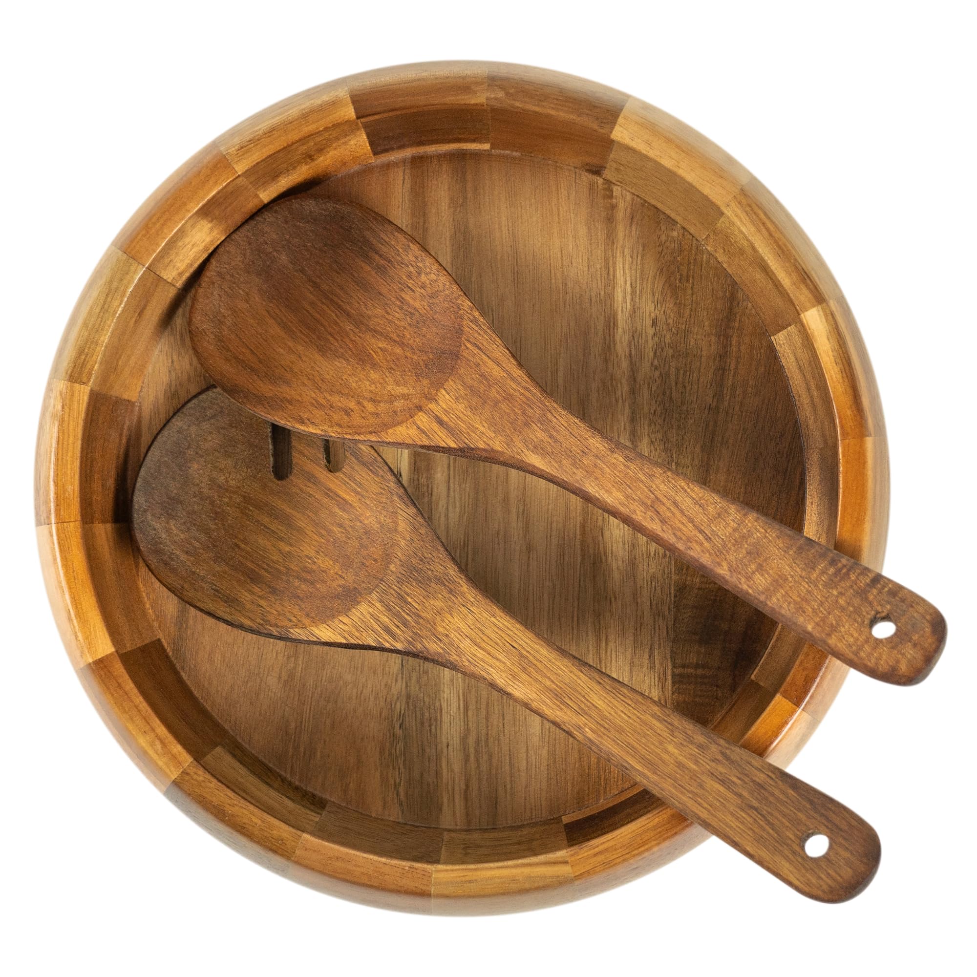 VaeFae Saladier en Bois d'Acacia avec Couverts à Salade | Saladier en Bois de 25,5 cm avec Cuillère et Fourchette Ajourée de 28 cm pour Mélanger et Servir