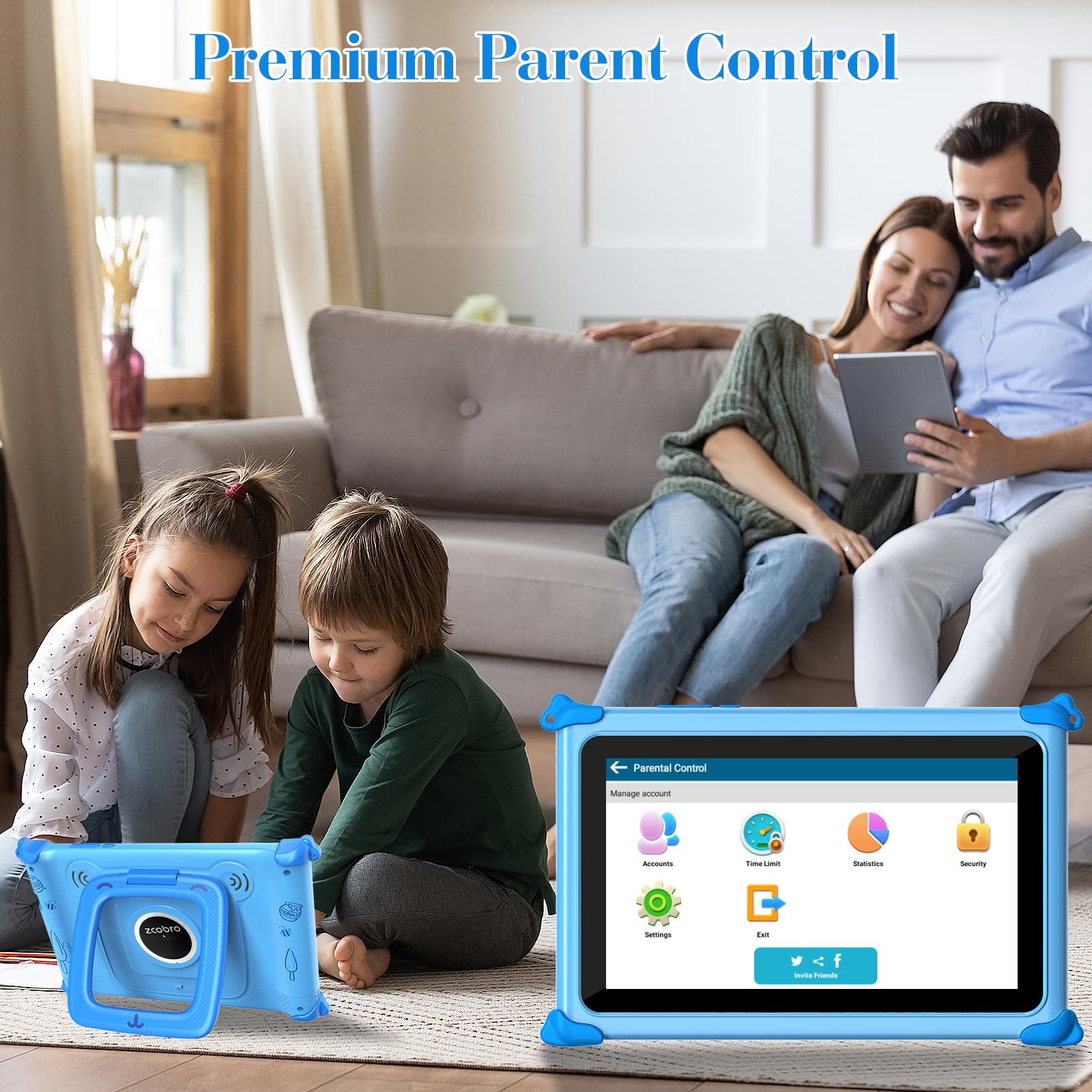 zcobro Tablet Educativo per Bambini 7 Pollici, Sistema Android, Protezione Luce Blu, Limite Tempo Schermo, Memoria Espandibile, App Montessori, Tablet Infantile Regalo con Custodia Protettiva Blu