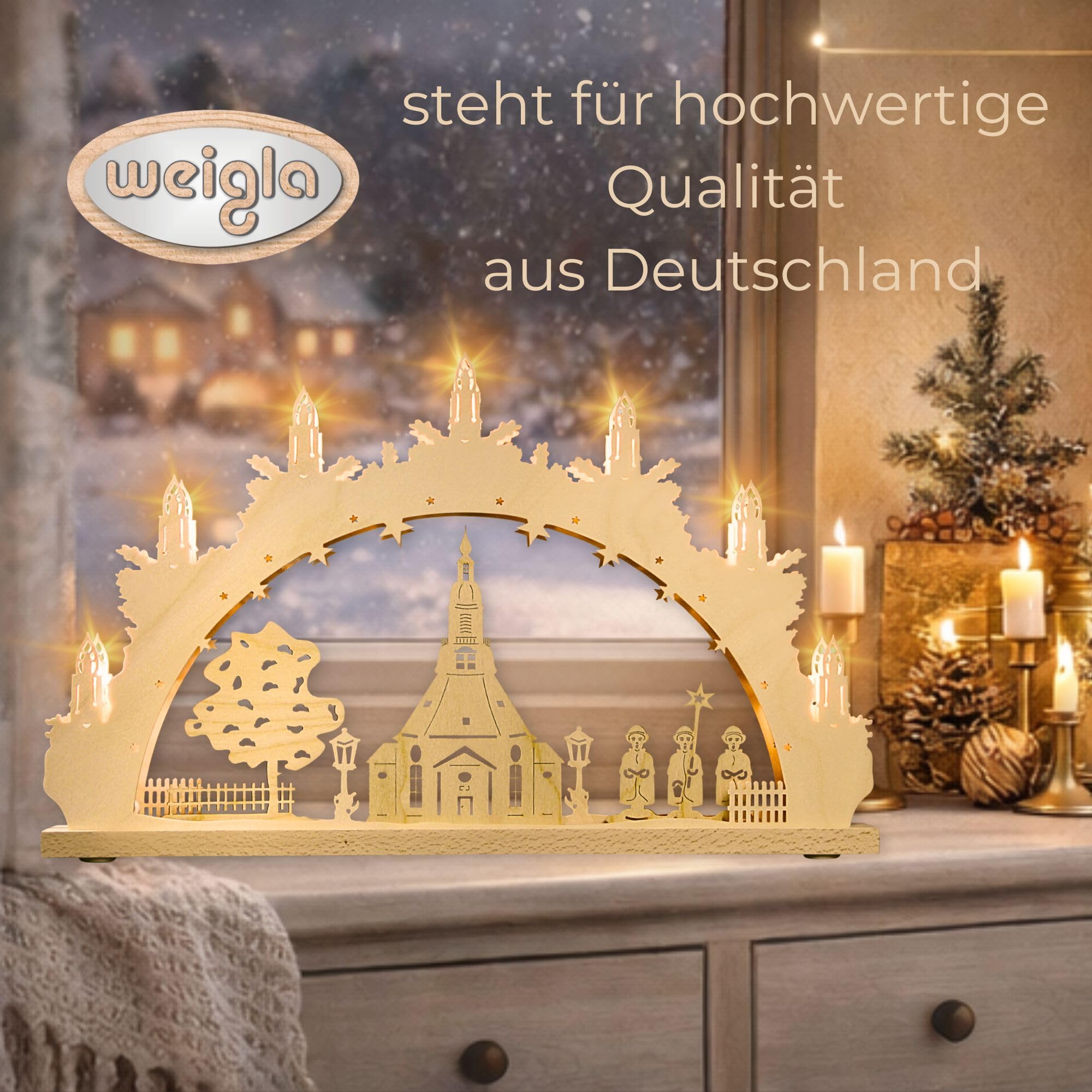 weigla - Schwibbogen original Erzgebirge I LED Lichterbogen Weihnachten I Motiv Seiffener Kirche I 7 Lampenkerzen + 1 Ersatzlampe I 7 x 34 V, 0,2 W, E10 I beleuchtete Weihnachtsdeko
