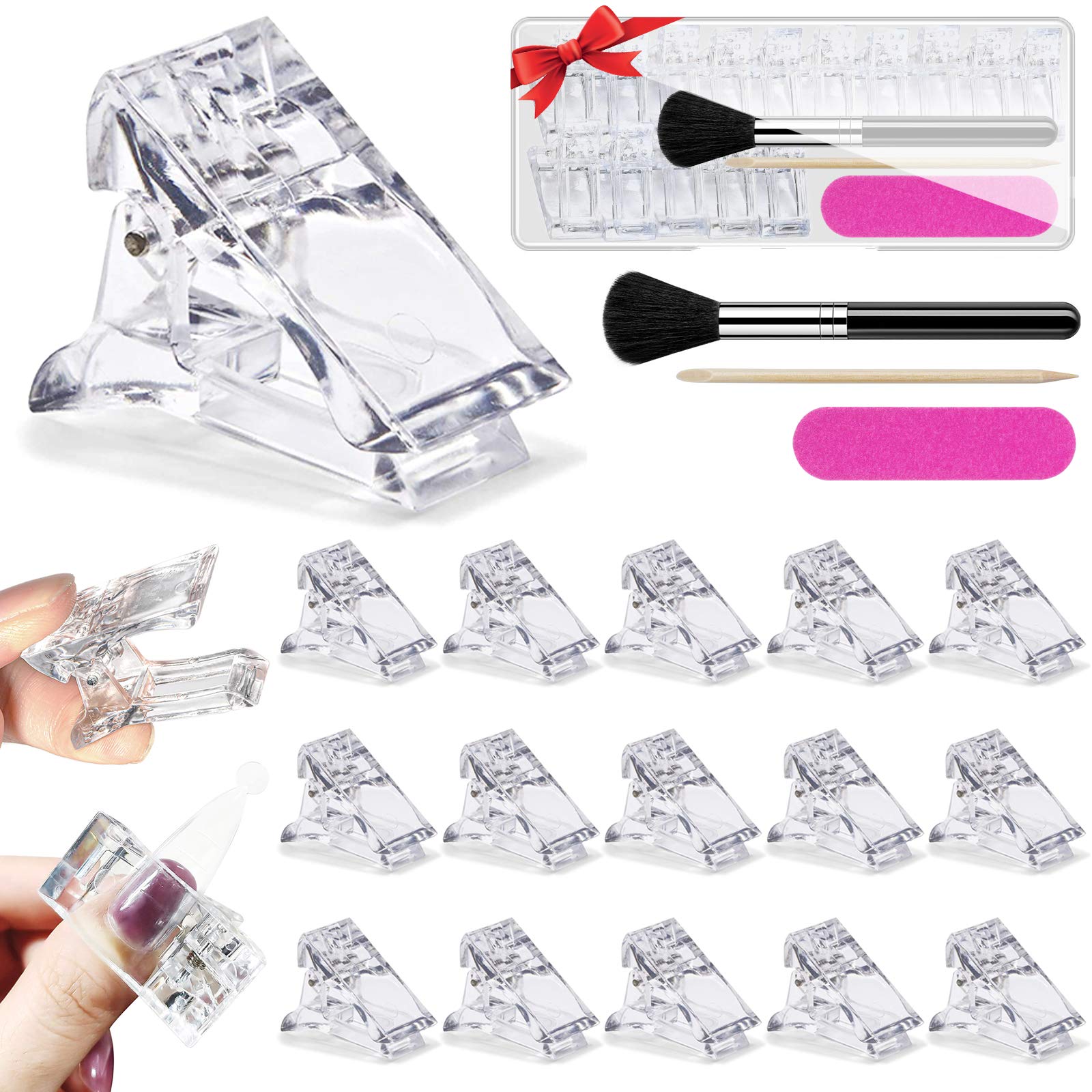 15 PCS Nail Tips Clips for Quick Building Polygel, Transparent Plastic Finger Extension UV LED Builder Nail Form Clamp with Mini Nail File Wood Stick Dust Clean Brush for DIY Manicure Nail Art