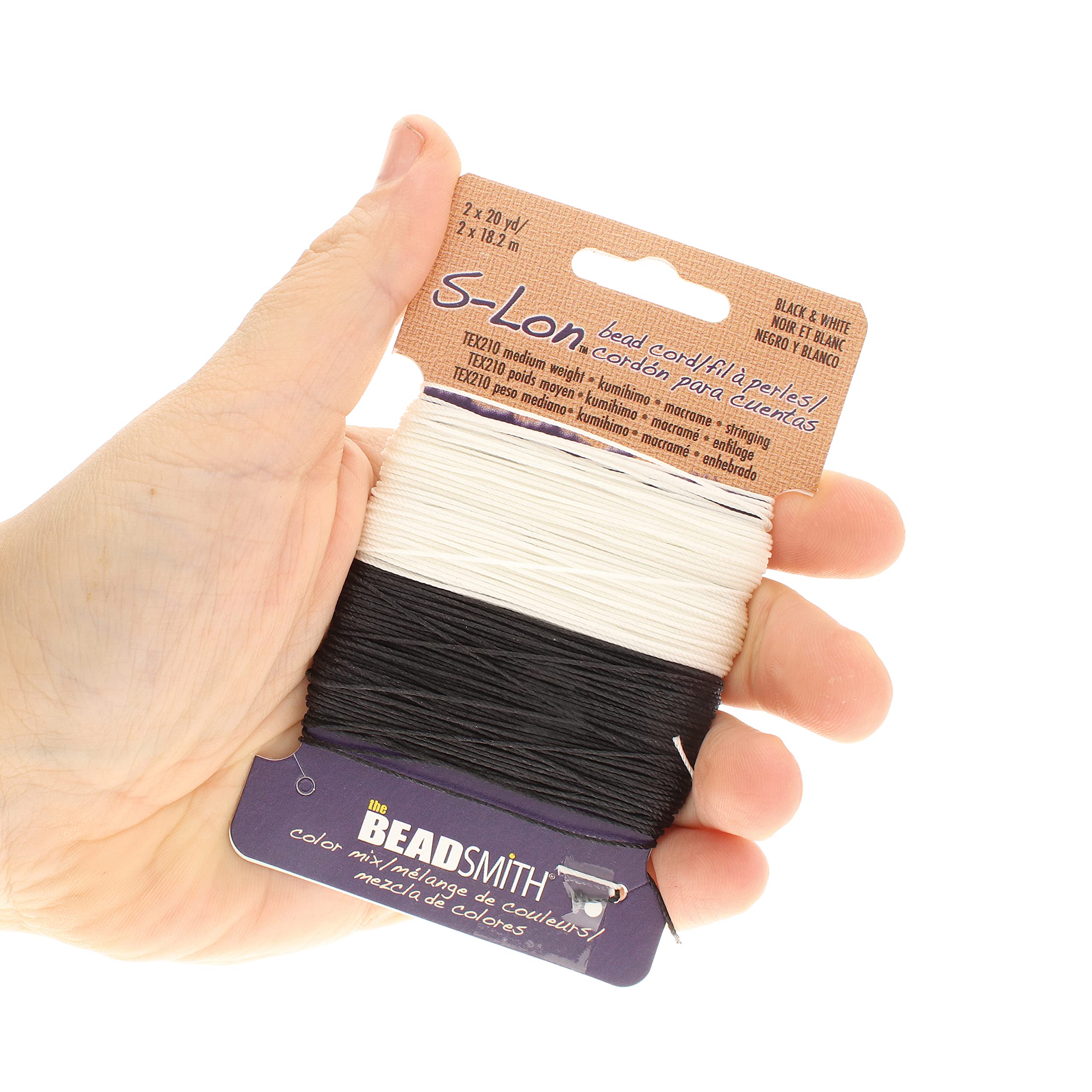The Beadsmith S-Lon #18 - Corda in nylon bianco e nero – Tex210 Cord, diametro 5 mm, 20 metri ciascuno, ideale per infilare perline all'uncinetto e gioielli micro-macramè - compatibile con progetti