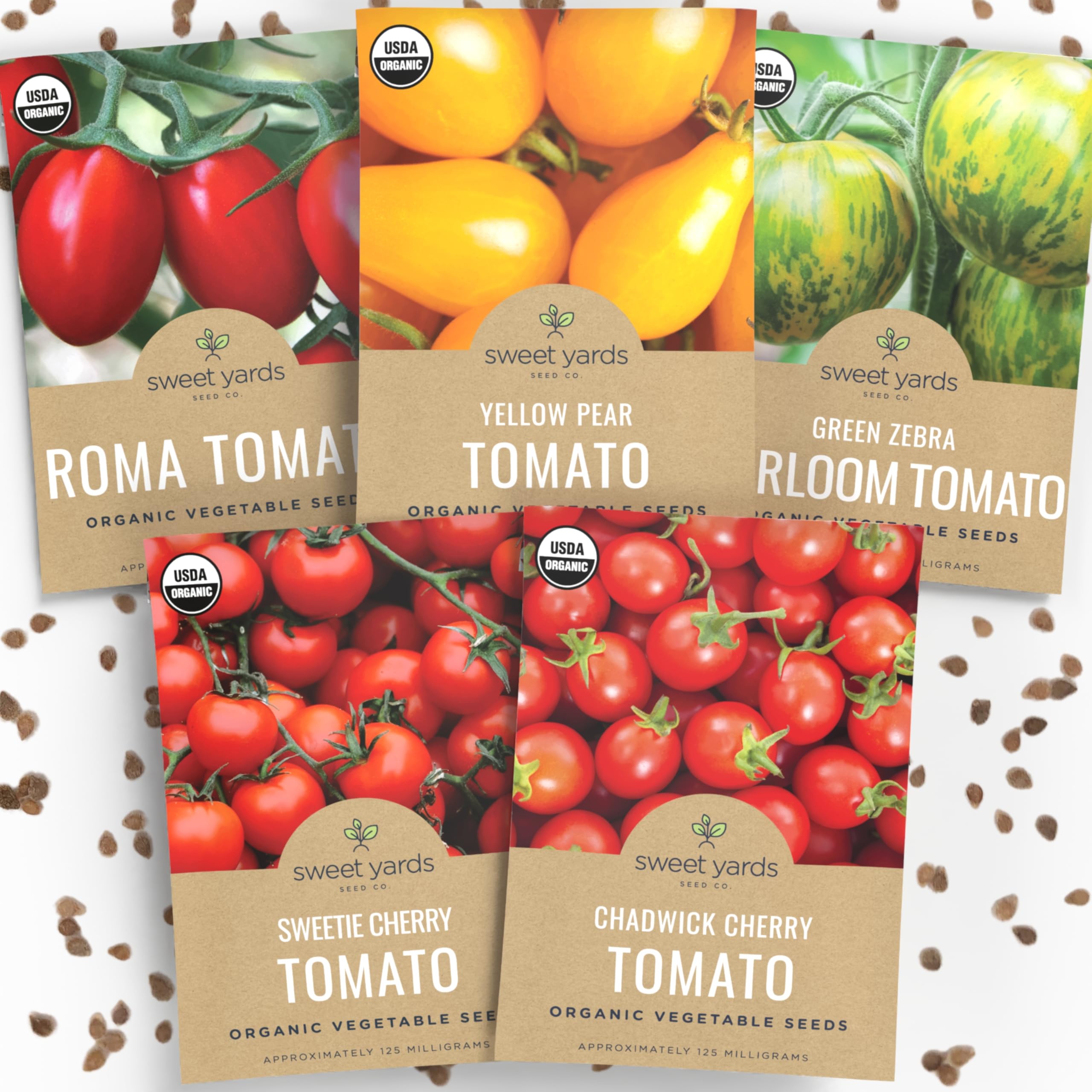 Organic Cherry Tomato Seeds Variety Pack - 5 Individual Packs - 2026 Season - Green Zebra, Sweetie Cherry, Chadwick, Yellow Pear and More! for Indoor