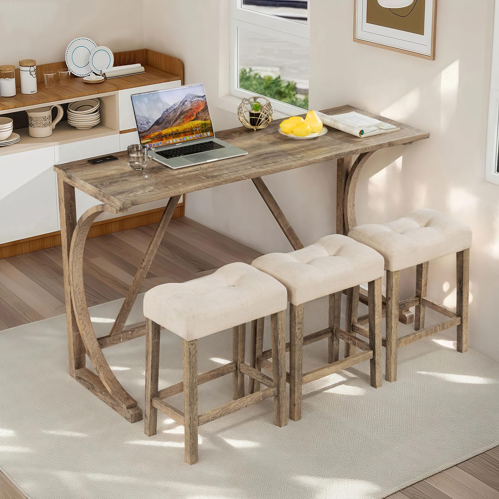 LKTART 4 Piece Kitchen Table Set, Counter Height Bar Table Set with Socket and 3 Padded Stools Industrial Breakfast Nook Table Set for Living Room,