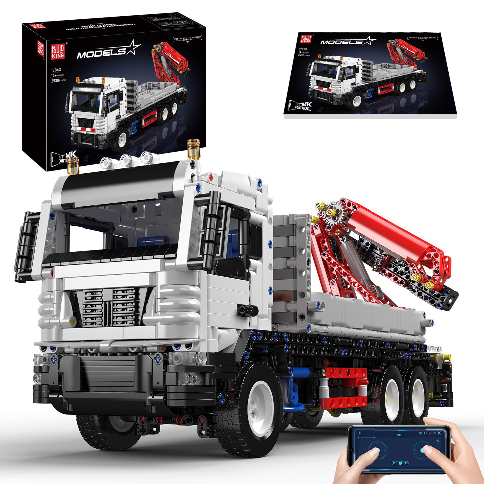 Mould King 17063 Technology Truck Building Blocsk Kit, Remote Control Truck with Construction Crane Building Block (2530 PCS), Assembly Heavy Duty Pneumatic Crane Clamp Block Truck Toys