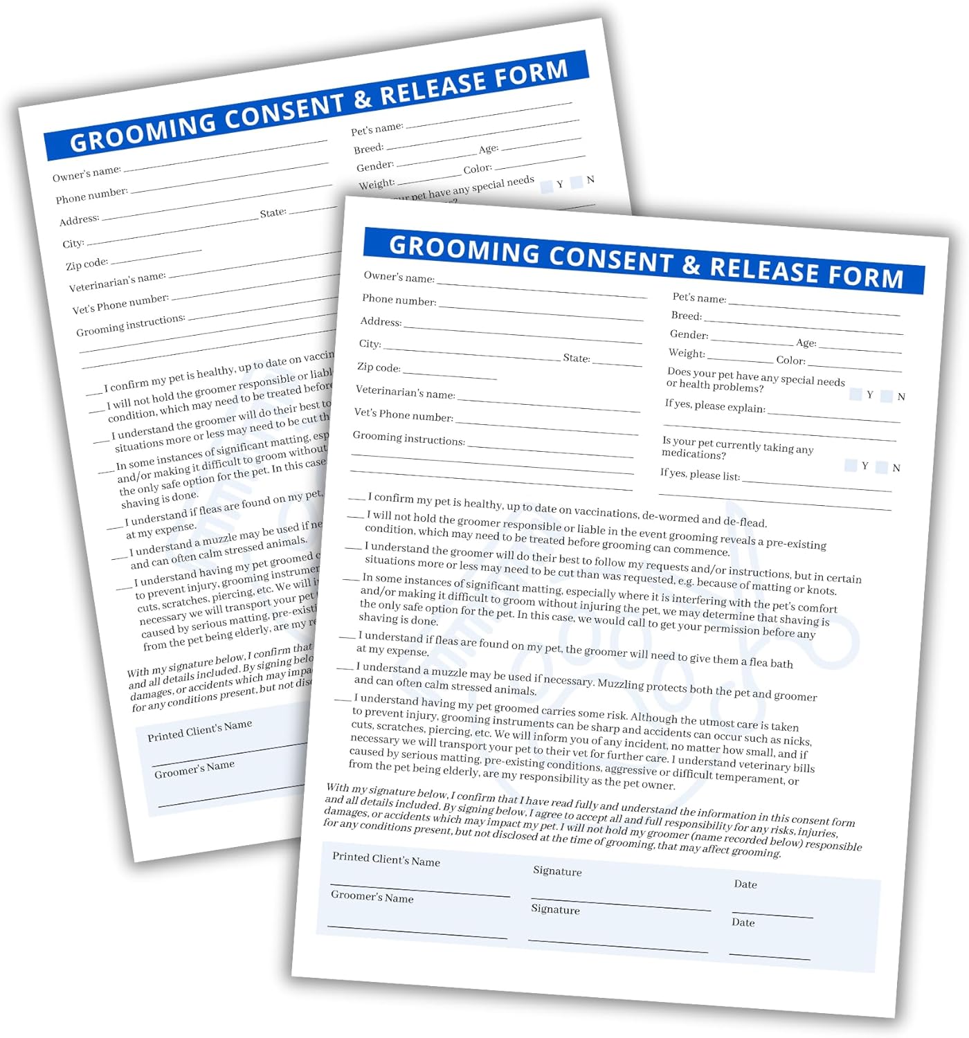Pet Grooming Intake, Consent & Release Form | 50 Pack 8.5×11” in. Standard Paper Size Supplies Pet Grooming Groomer Loyalty Appointment Card Client Detangle Skin Mapping Matted Coat Clip Off Agreement Pet Grooming Intake, Consent & Release Form | 50 Pack 8.5×11” in. Standard Paper Size Supplies Pet Grooming Groomer Loyalty Appointment Card Client Detangle Skin Mapping Matted Coat Clip Off Agreement
