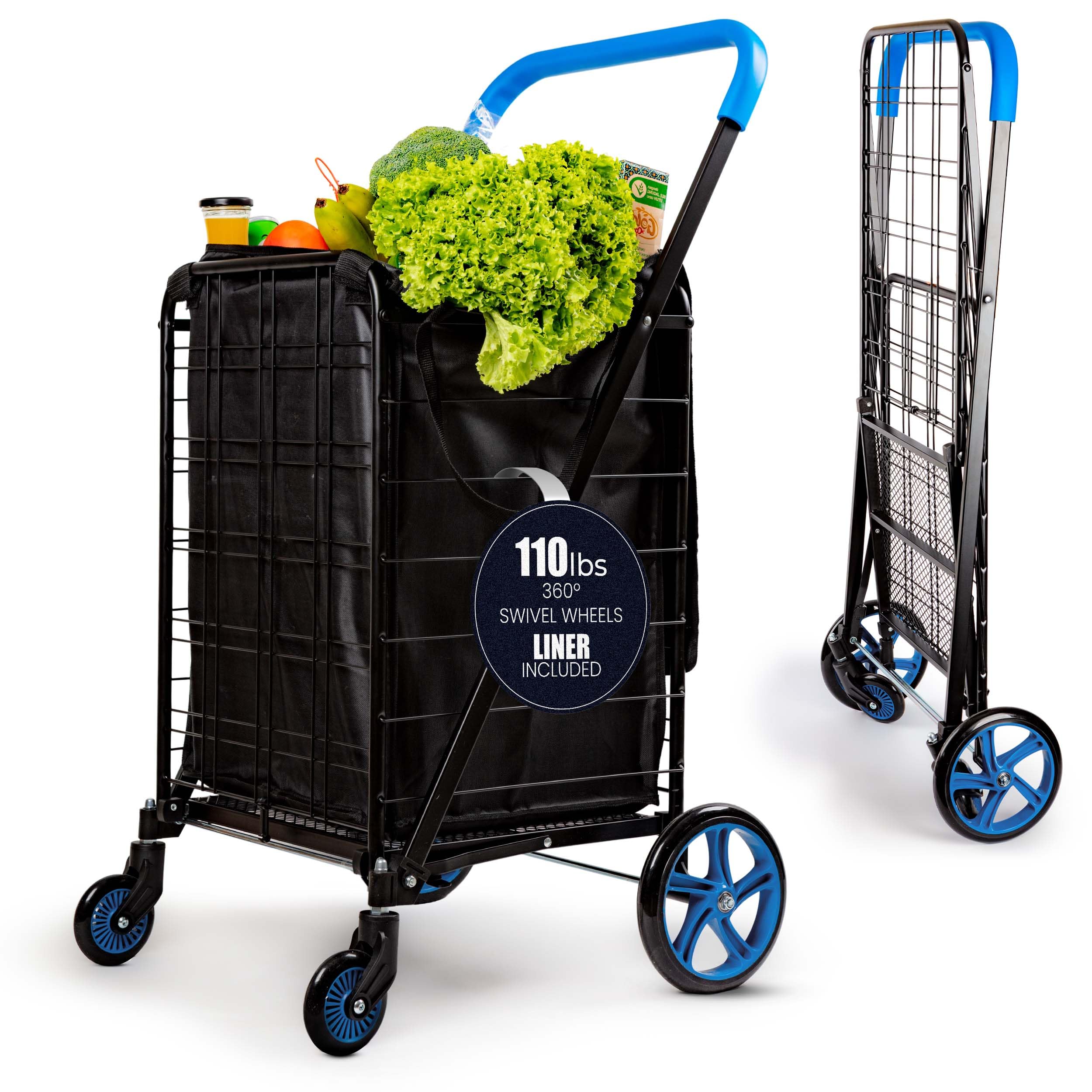 SereneLife Large Folding Utility Shopping Cart with Removable Liner – Heavy Duty, 360° Swivel Wheels, 110 lb Capacity, Portable for Groceries, Laundry, Luggage, and More(Blue) Black