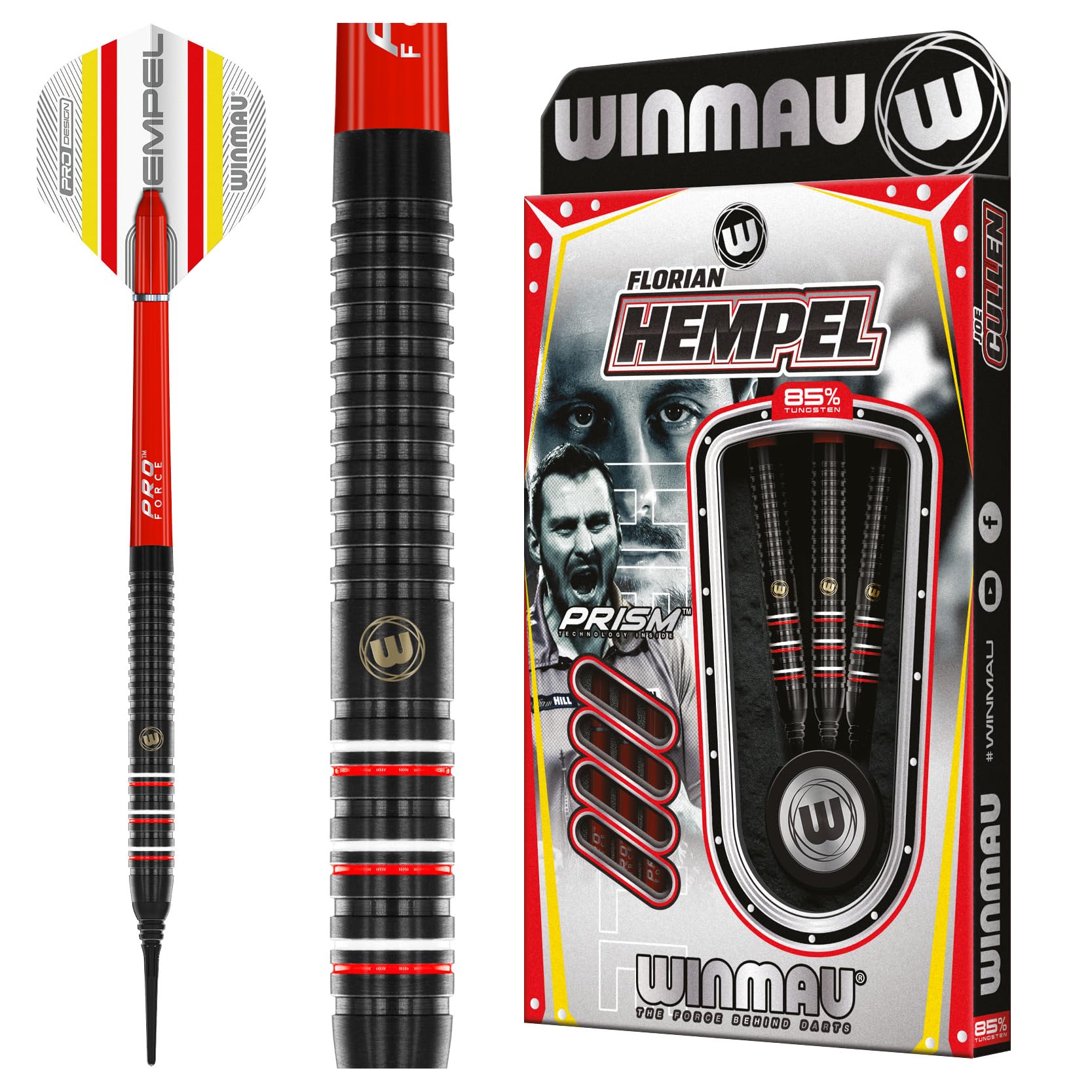 WINMAU Darts - Florian Hempel 85% Pro-Series 18g Barrel / 20g Full Weight Soft Tip Darts Set with Dart Flights and Dart Shafts (Stems)