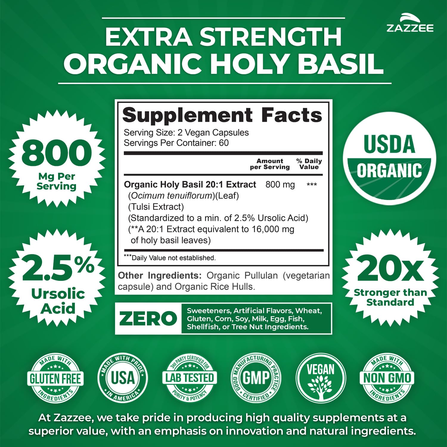 Zazzee USDA Organic Tulsi Holy Basil 20:1 Extract, 2.5% Ursolic Acid, Vegan — Amazon image 3