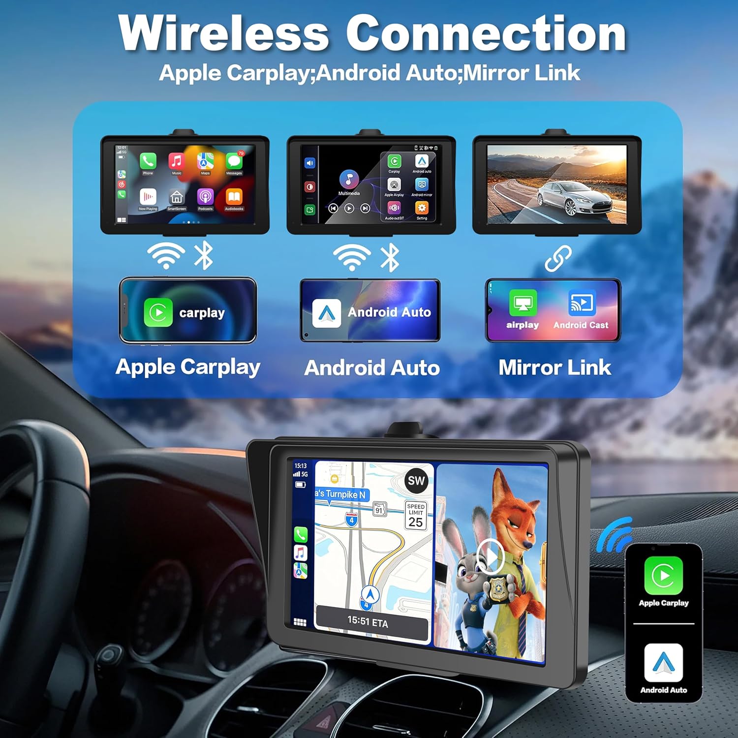 Wireless Carplay Screen for Car, 7" HD IPS Touch Screen Stereo for Apple Carplay & Android Auto,Bluetooth,Voice Control,GPS Navigation,Mirror Link | Plug-and-Play, Apple Car Paly for All Vehicle
