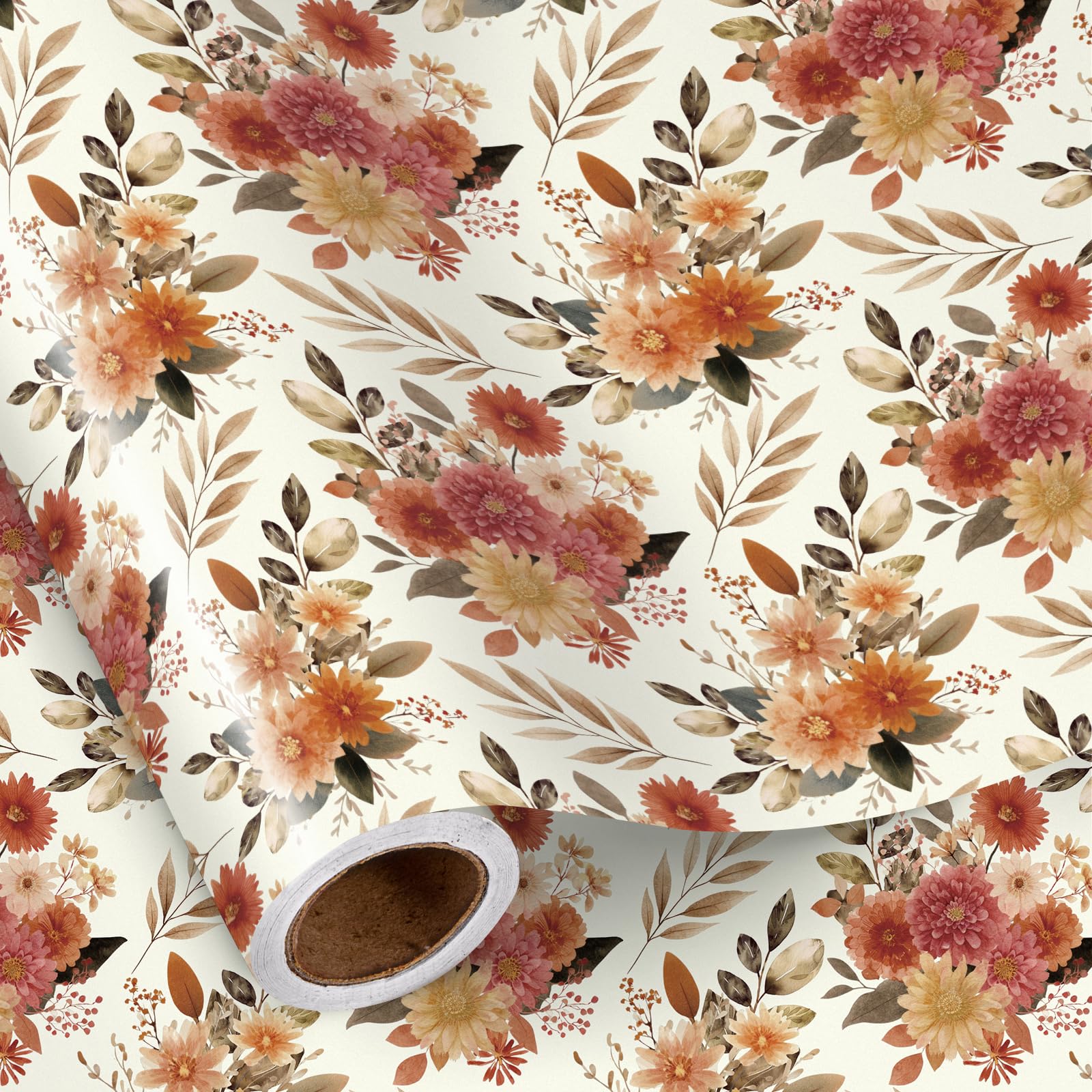 RUSPEPA Fall Floral Mini Wrapping Paper Roll, Orange & Peach Blossom Patterns for Thanksgiving, Weddings, Birthdays and Seasonal Presents, 43.2cm x 5m