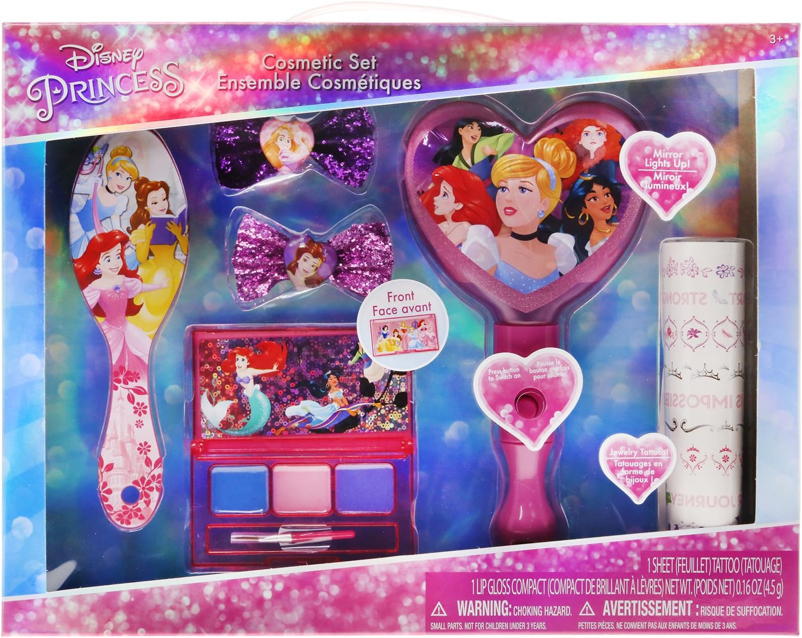 TownleyGirl Disney Princess Hair and Makeup Set w/ 1 Lights up Mirror, 1 Sheet Jewelry Tattoo, 1 Lip Gloss Compact, 1 Hair Brush, 2 Hair Glitter Bows