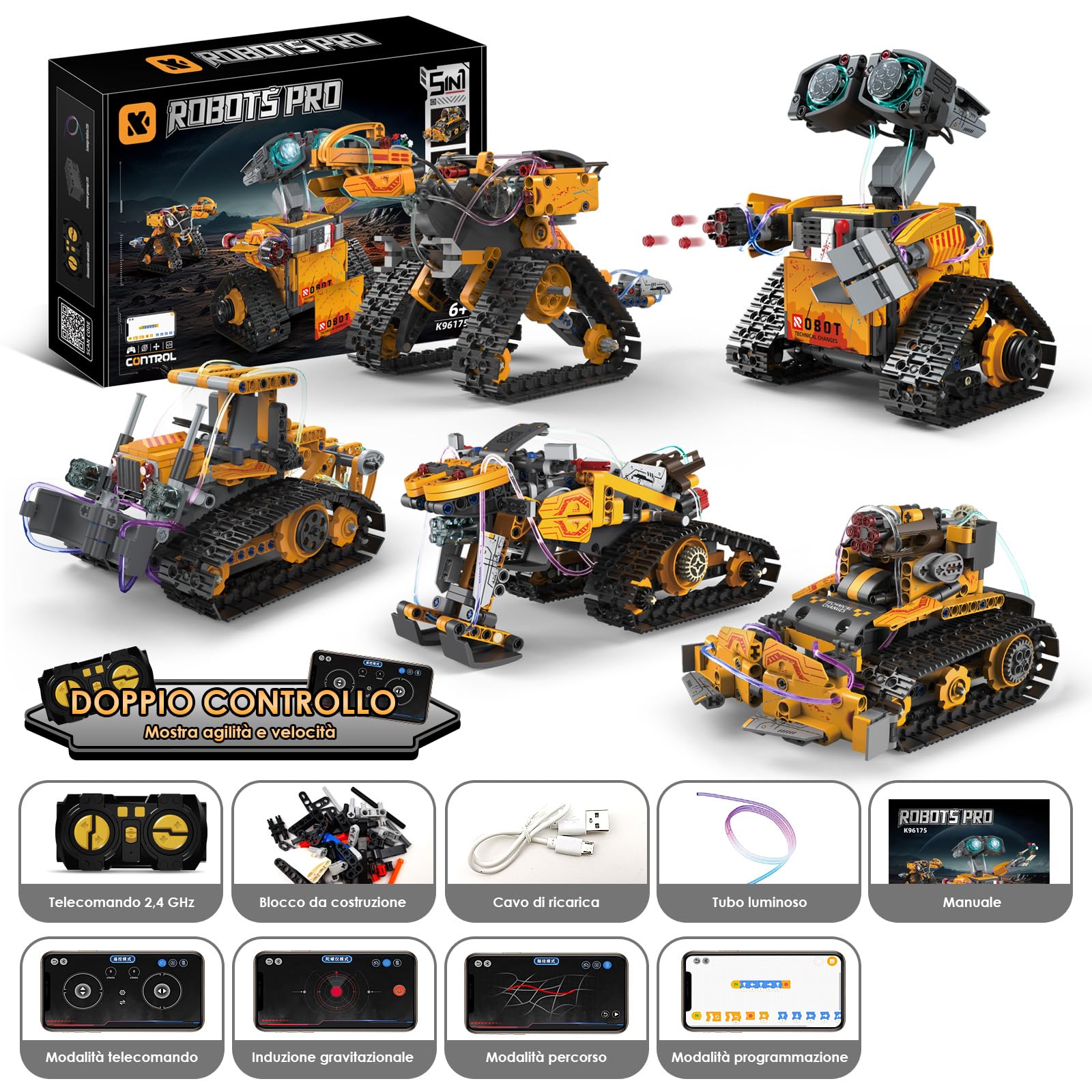 ZWOOS Technic Robot per Bambini, 5 in 1 Set Robotico Programmabile con App e Telecomando, Rotazione a 360° & Luci Incantevoli, Robot Telecomandato pour Garçons et Filles âgés de 6 à 12 Ans et Plus
