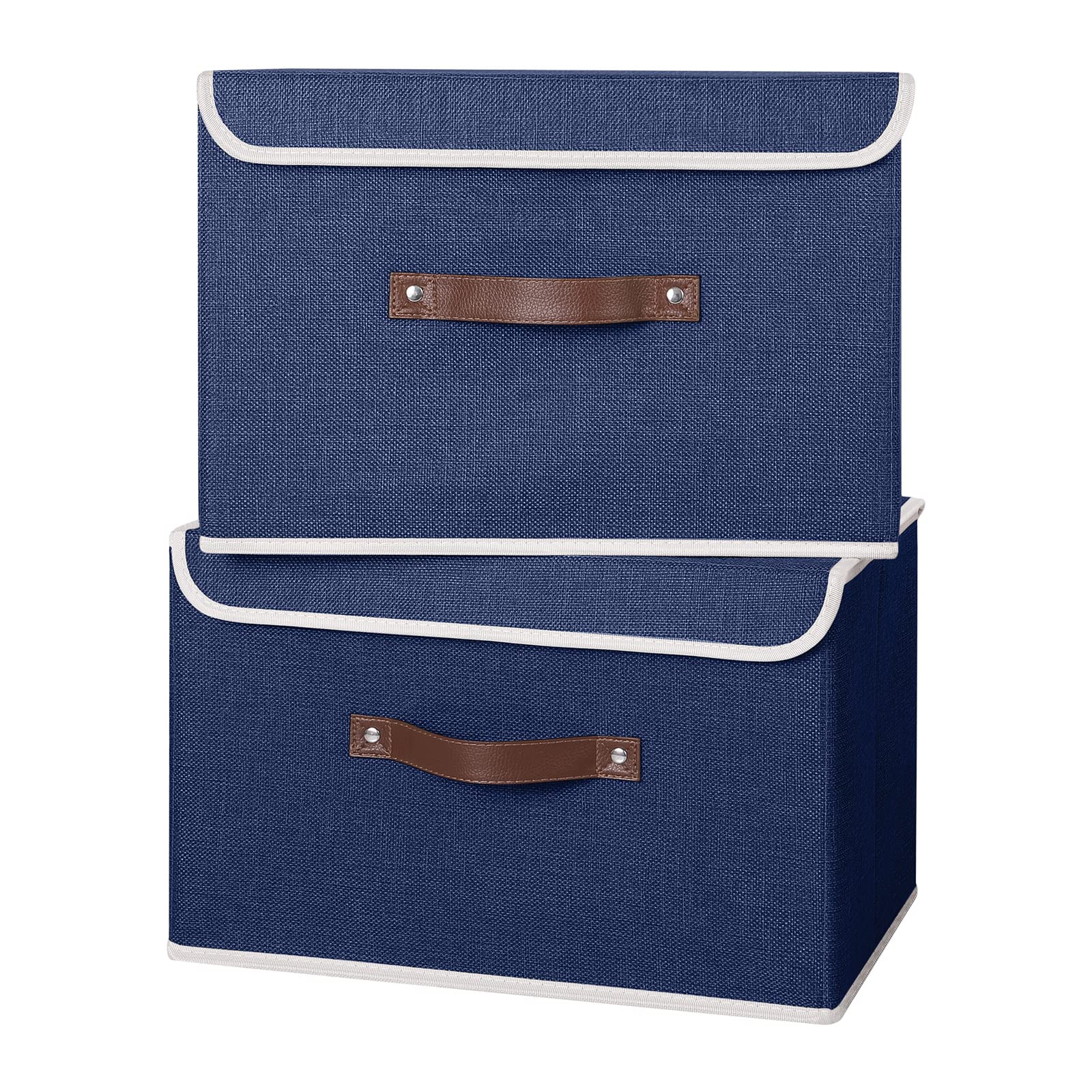 ANMINY 2PCS Storage Bins with Lid PU Leather Handles Storage Boxes PP Plastic Board Decorative Foldable Lidded Cotton Linen Fabric Home Cubes Baskets Closet Organizer Containers - Blue, Large Size