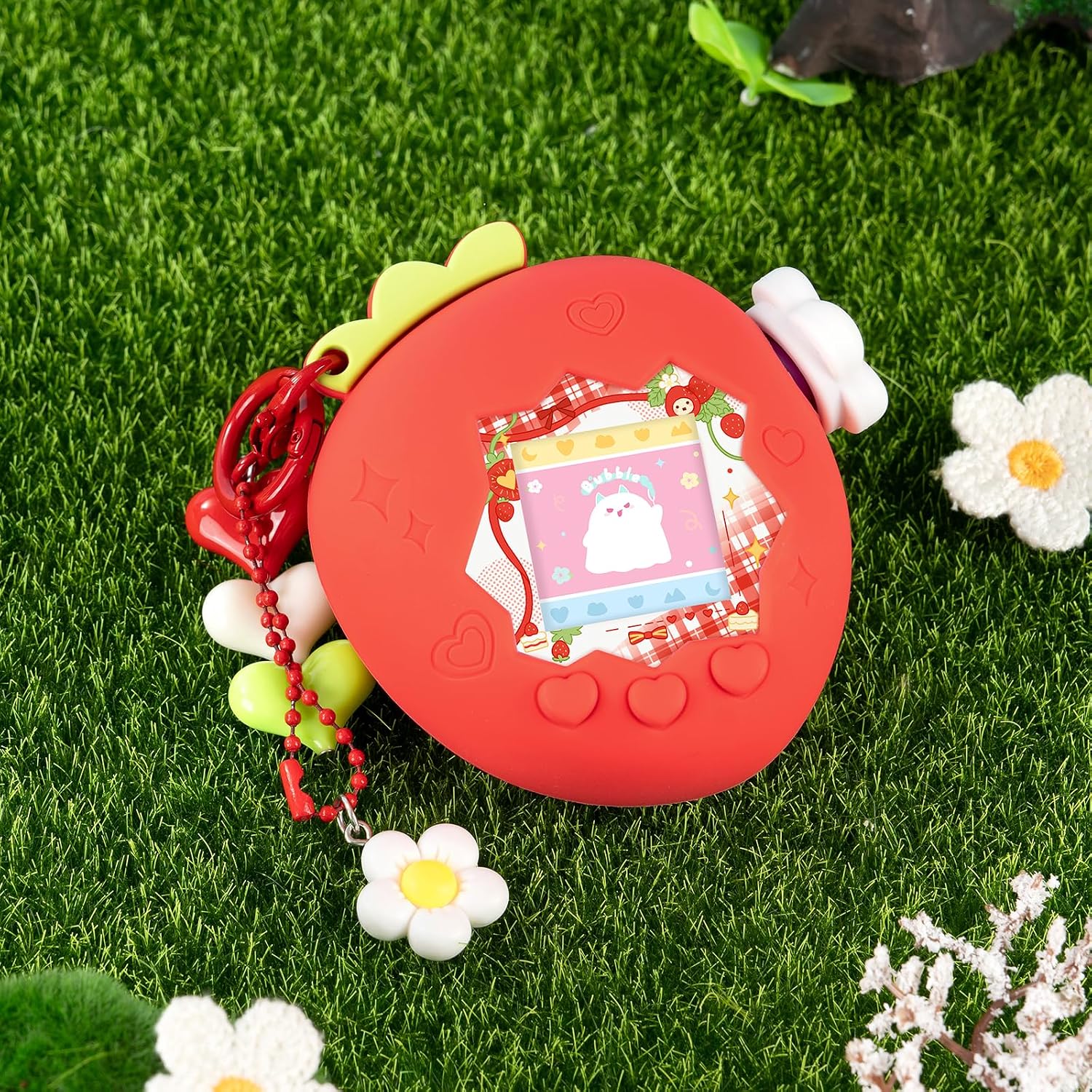 Strawberry Bubble Protective Case for Tamagotchi Paradise, Soft TPU Silicone Cover with Faceplate, Flower Shaped Zoom Dial Cap & Charms Set, Anti-Scratch & Waterproof (Red) image 5