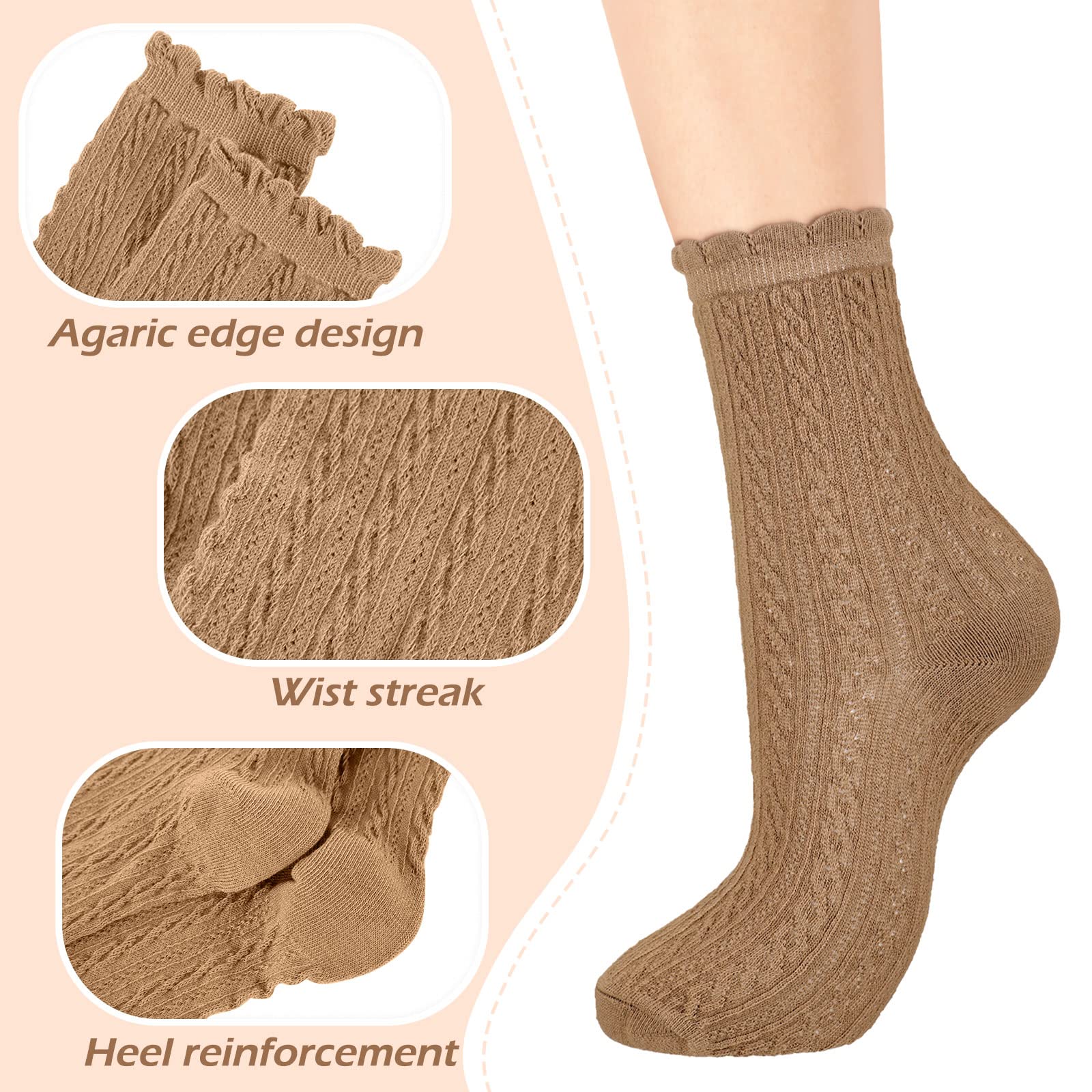 Geyoga 5 Pairs Ankle Ruffle Socks for Women Cute Cotton Soft Breathable Cool Crew Frilly Plush Socks: Black, White, Cream White, Beige, Brown