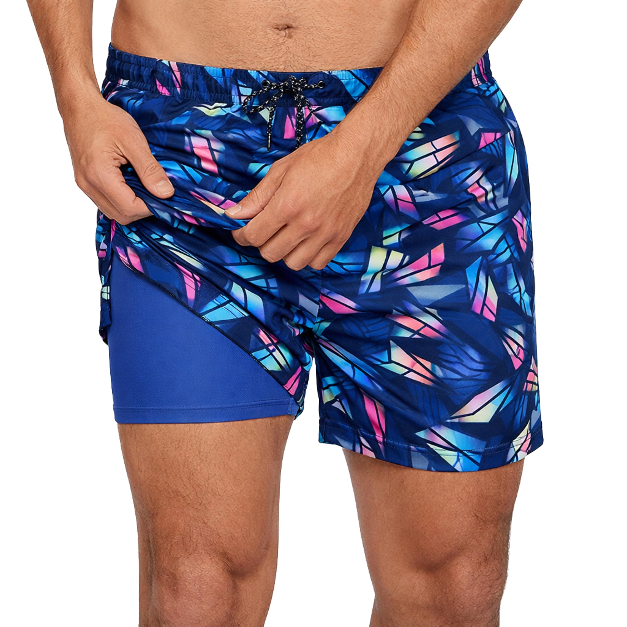 Ingear Men's Surfs Up Athletic Stretch Workout Shorts Gym Quick Dry Running Trunks Boxer Lining, Large
