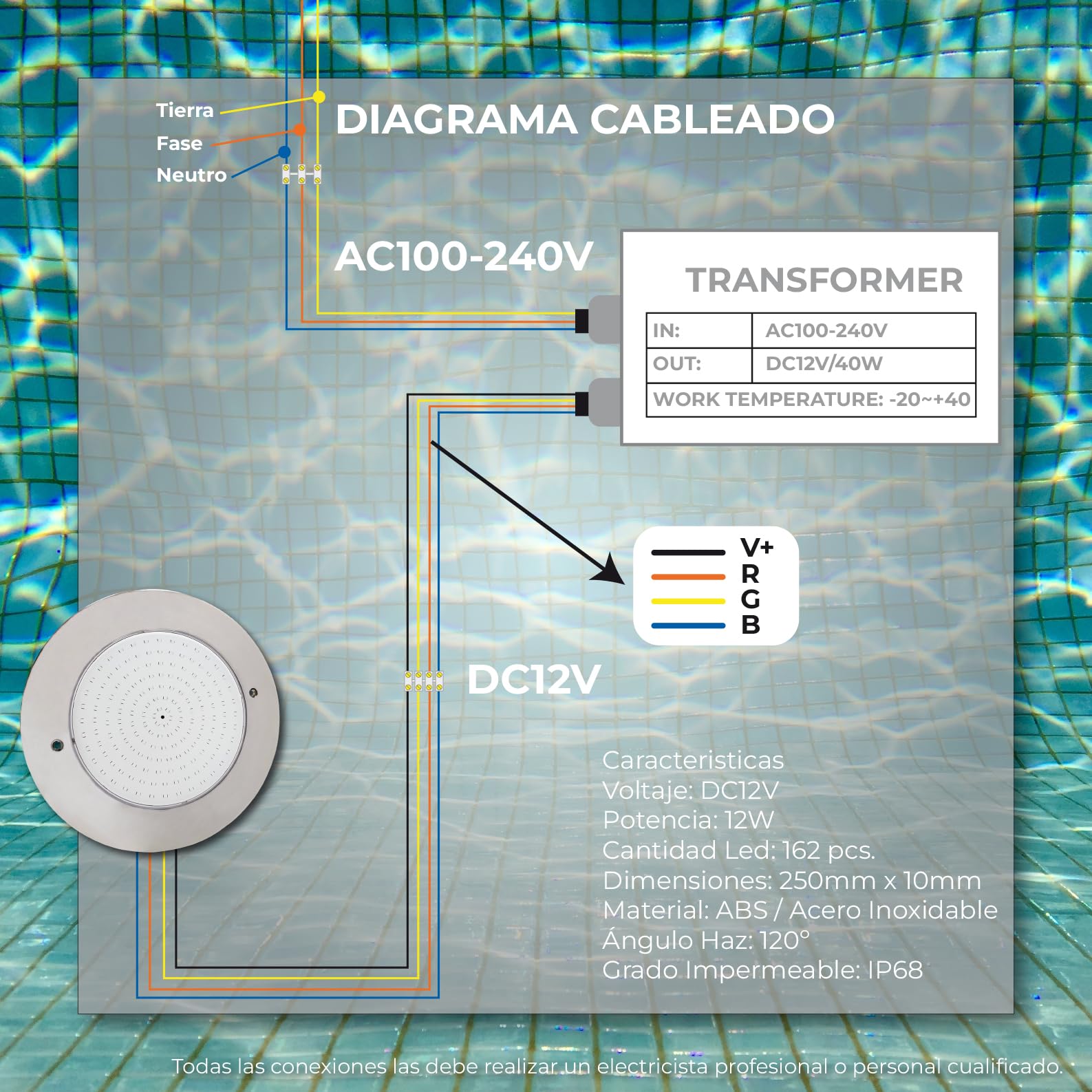 LED ATOMANT Lote de 2 Focos de Piscina LED 12W RGB Impermeable IP68, Ø25cm, Acero Inoxidable, Montaje en Superficie, con Transformador AC 220V/12V DC y Mando a distancia Control Remoto, APP Bluetooth