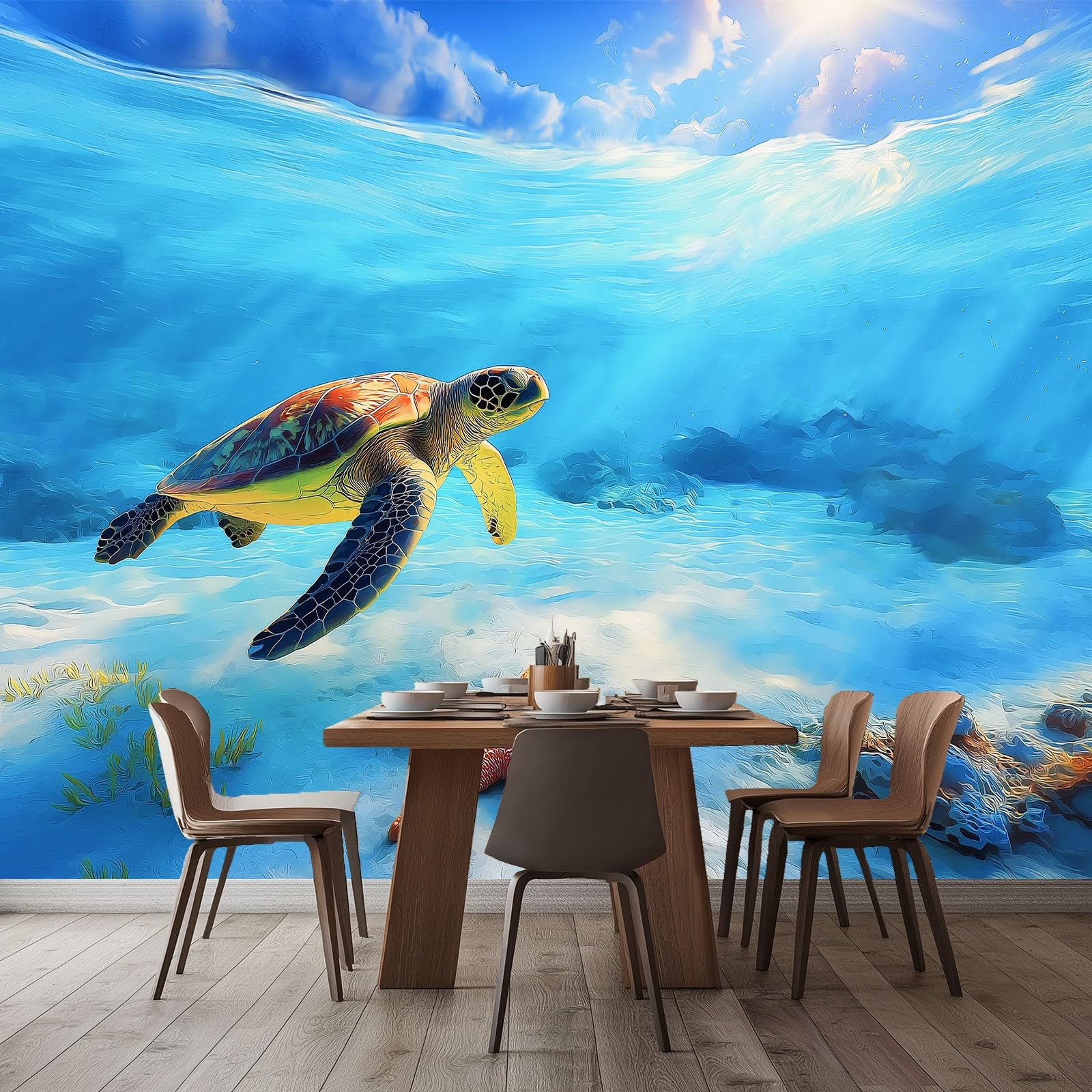 Podwodny świat żółw rozgwiazda tapeta sypialnia dzieci chłopcy tapeta 3D mural, niebieski pokój dla dzieci nastolatków plakat zdjęcie fototapeta pokój tematyczny pokój zabaw 400 x 280 cm