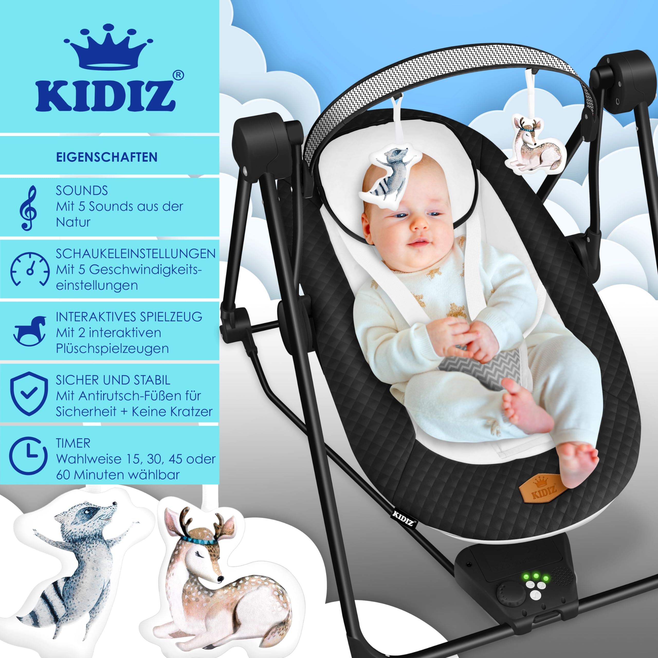 KIDIZ® Balançoire bébé 5 Vitesses Pliable transat Chaise Haute Arche Jeu Jouets Sons Nature