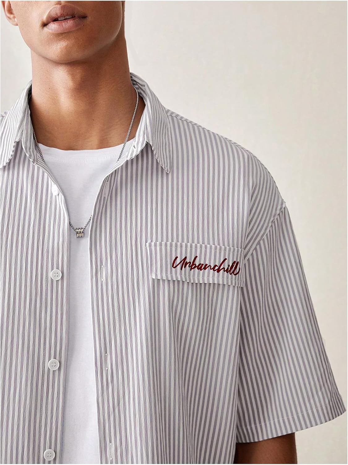 GORGLITTER Men's Striped Button Down Up Cropped T Shirt Short Sleeve Letter Summer Vacation Shirts Boxy Tees Streetwear - Image 5