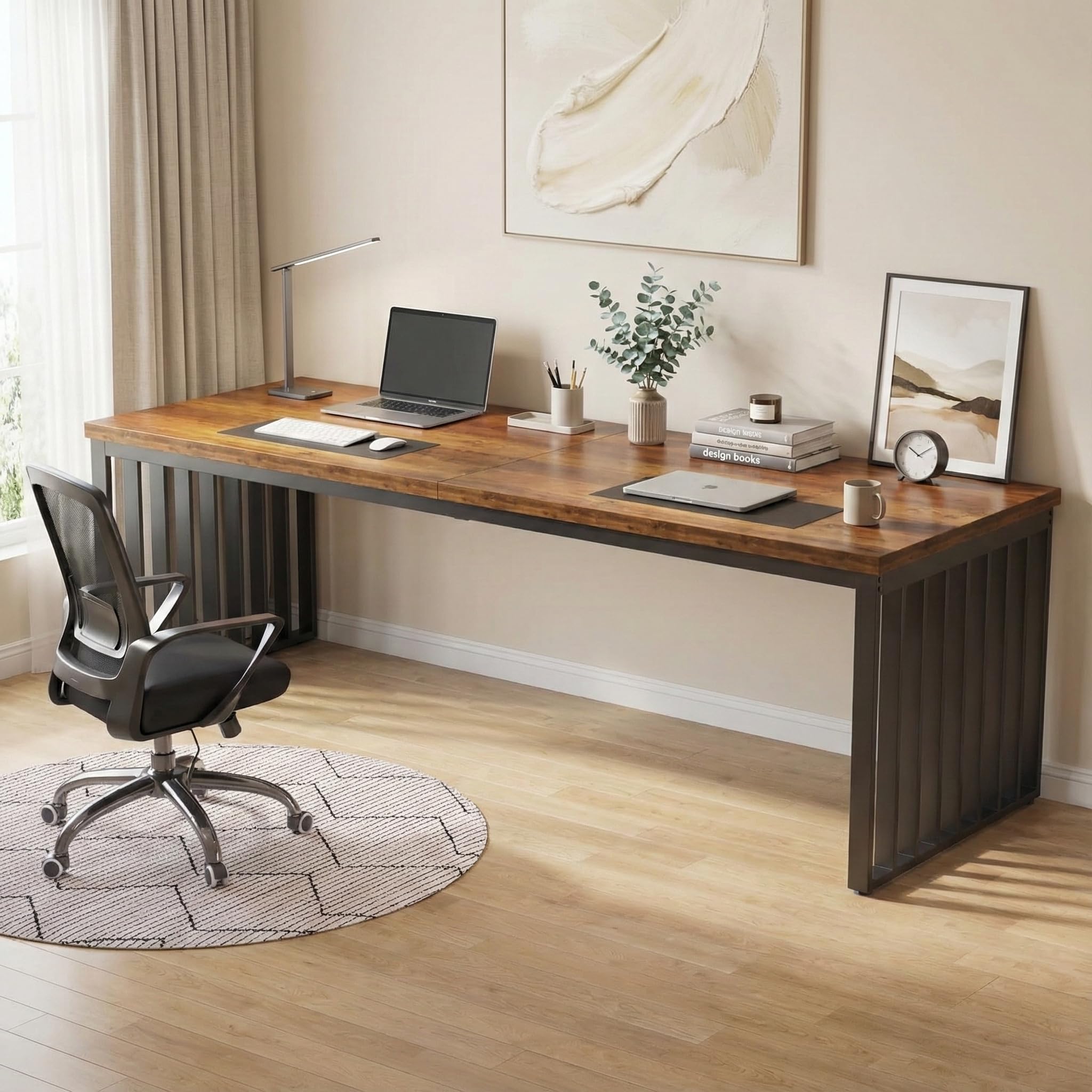 Lailang 180cm Bureau Informatique, Postes de Travail Informatiques, Table Pc Gamer, Bureau Industriel Bois Et Metal, 180 x 60 x 75 cm, Brun