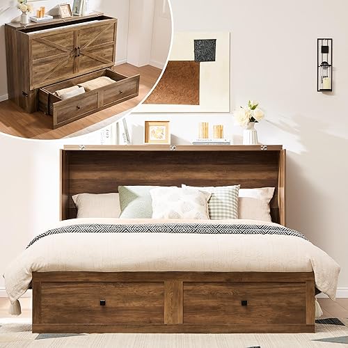AMERLIFE Full Murphy Bed Cabinet with Charging Station and Storage, Farmhouse Foldable Platform Bed for Guest Room, Office, Small Spaces, Barnwood