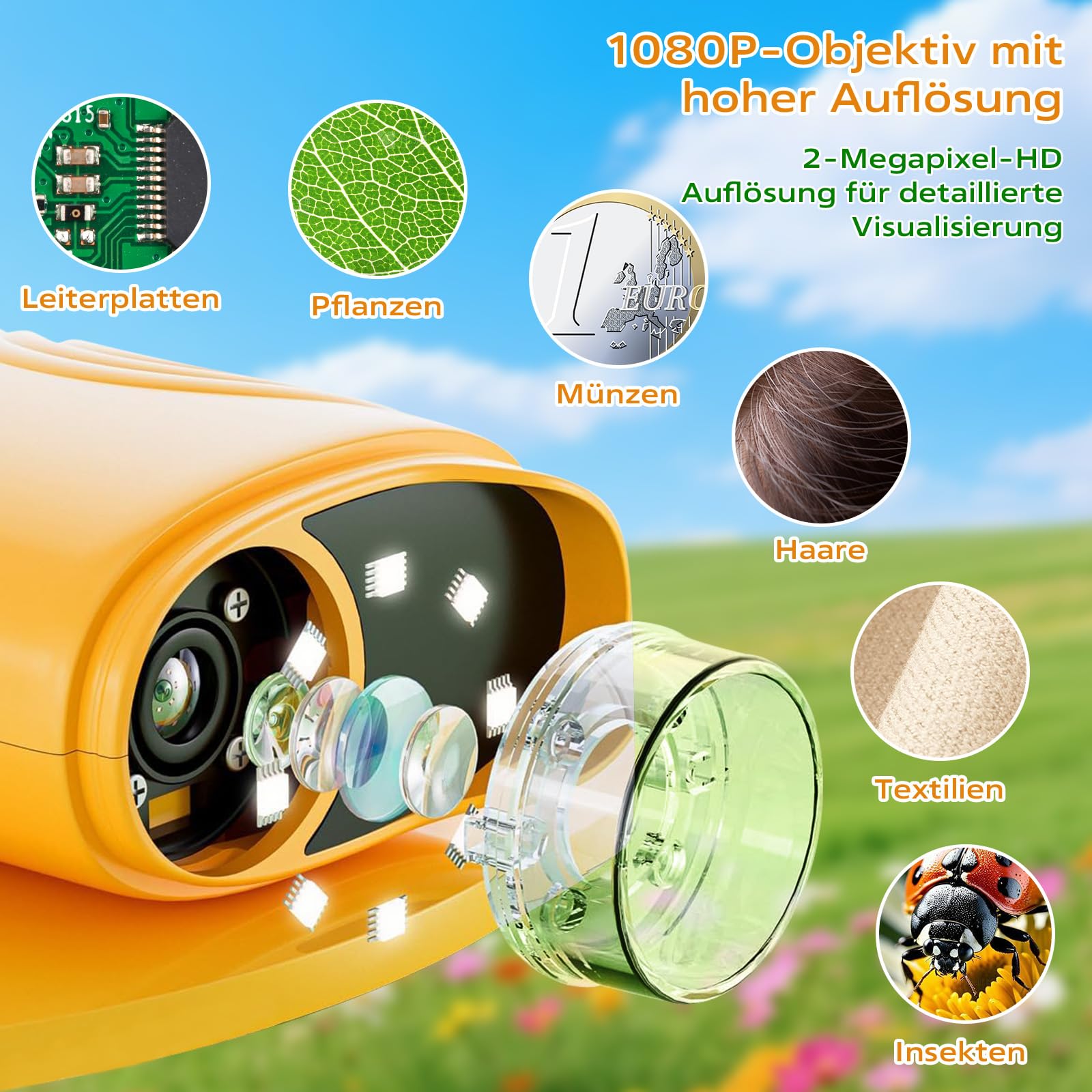 1000X Digital Mikroskop für Kinder, Handy Taschenmikroskop mit 2.0" IPS Bildschirm & 8 LED Licht für Kinder im Alter von 3–6, 6–12 Jahren, Studenten, Jungen und Mädchen [inkl Fotofunktion]