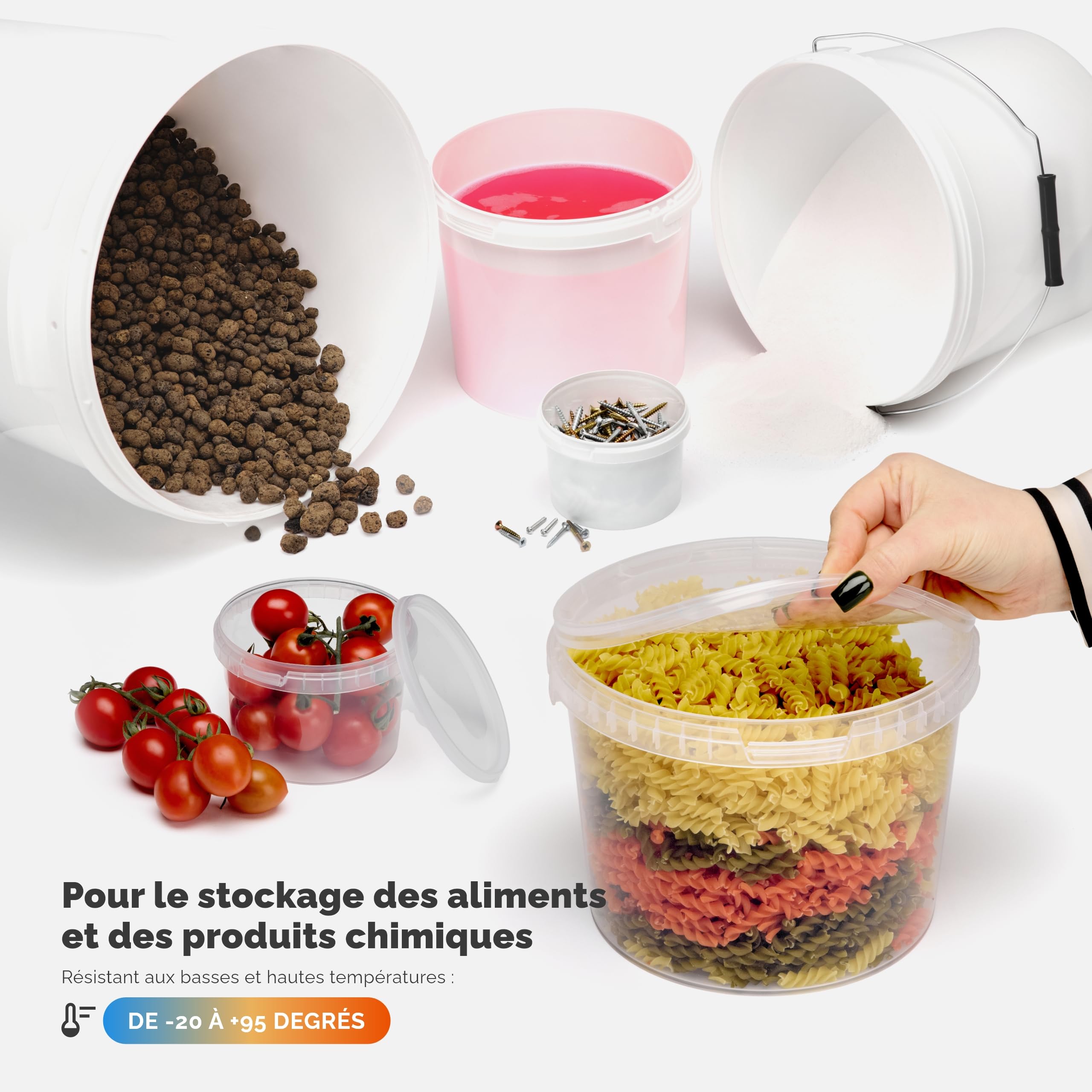 Garronda Seau en Plastique Blanc 30 litres avec Couvercle - pour Le Stockage de Produits Alimentaires et Chimiques - en Polypropylène - Lot de 5 - GD-0117
