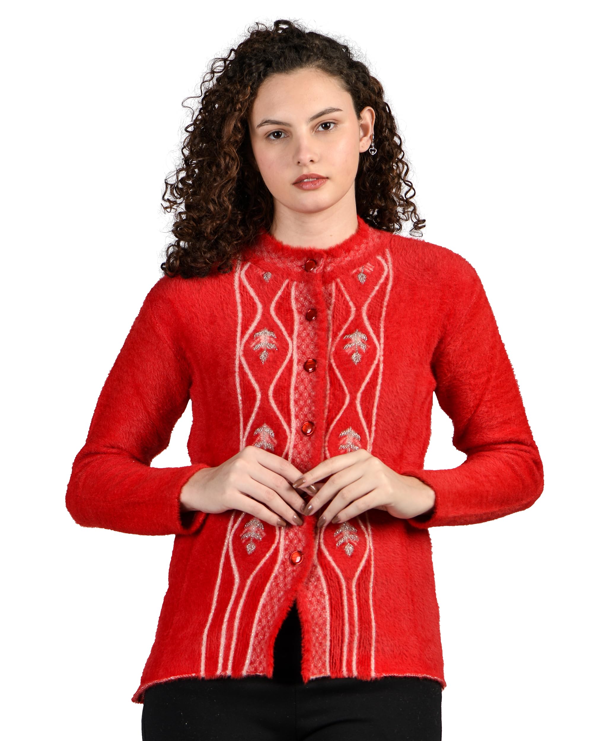ladywillington Women Woolen Round Neck Self Design Hair Fabric Cardigan Winter Wear Pure Wool Cardigan for Women Long Cotty Fully Warm Cardigans Free Size-picture-21