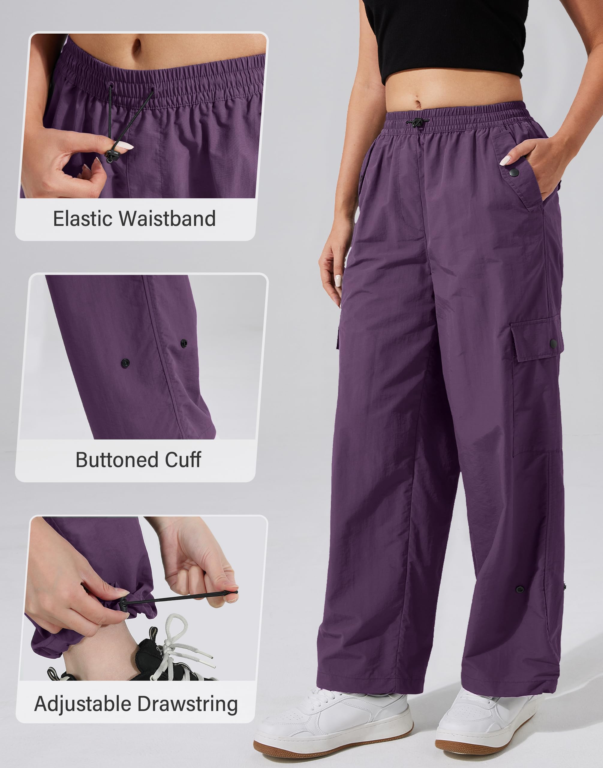 Pioneer Camp Pantalon cargo de parachute pour femme avec poches, taille haute, pantalon de randonnée à séchage rapide, léger, jambe large