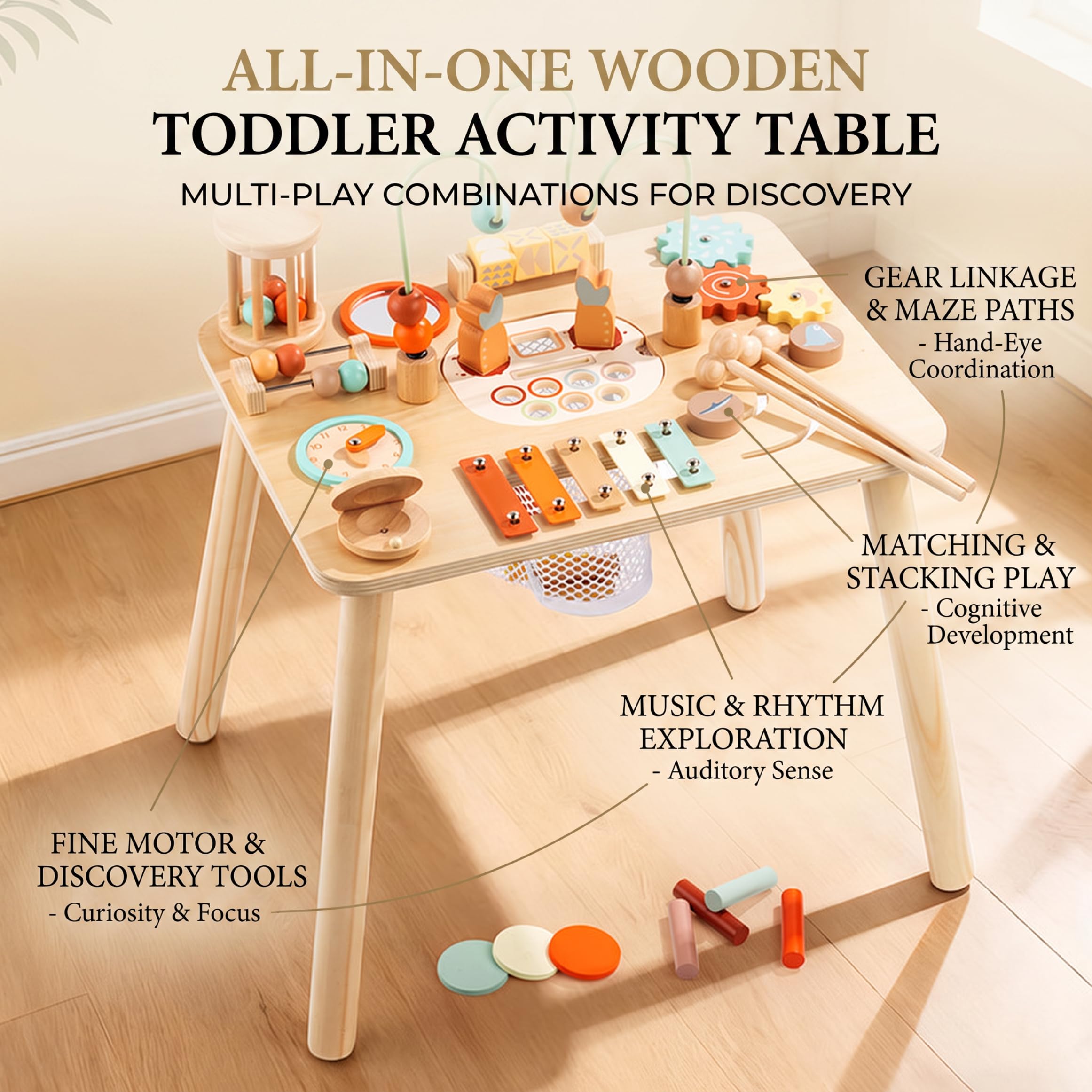 Mesa de Actividades Montessori, Laberinto de Cuentas Naturales para niños pequeños de Madera, Juego de Pesca 13 en 1, clasificador de Formas, xilófono, Primer cumpleaños.