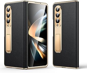 for Samsung Galaxy Z Fold 4 Case, Electroplated Frame, Luxury Leather Back, Full Magnetic Hinge Protective, Screen Protector, Metal Stand, Thin & Slim Stand Phone Cover 5G 2023, Black