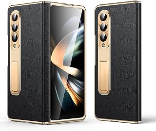 for Samsung Galaxy Z Fold 4 Case, Electroplated Frame, Luxury Leather Back, Full Magnetic Hinge Protective, Screen Protector, Metal Stand, Thin & Slim Stand Phone Cover 5G 2023, Black