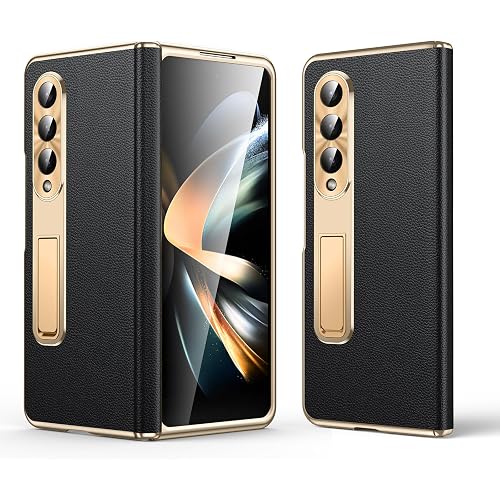 for Samsung Galaxy Z Fold 4 Case, Electroplated Frame, Luxury Leather Back, Full Magnetic Hinge Protective, Screen Protector, Metal Stand, Thin & Slim Stand Phone Cover 5G 2023, Black