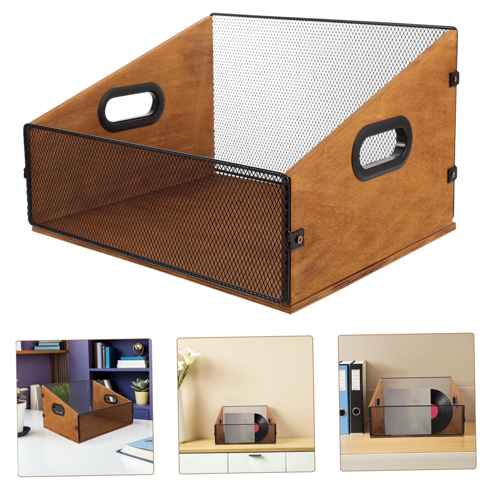 Scatola Porta-album in Legno e Ferro con Manici per Vinili | Colore Coffee, Finitura Liscia Protettiva, Capienza Ampia per Riviste e Libri