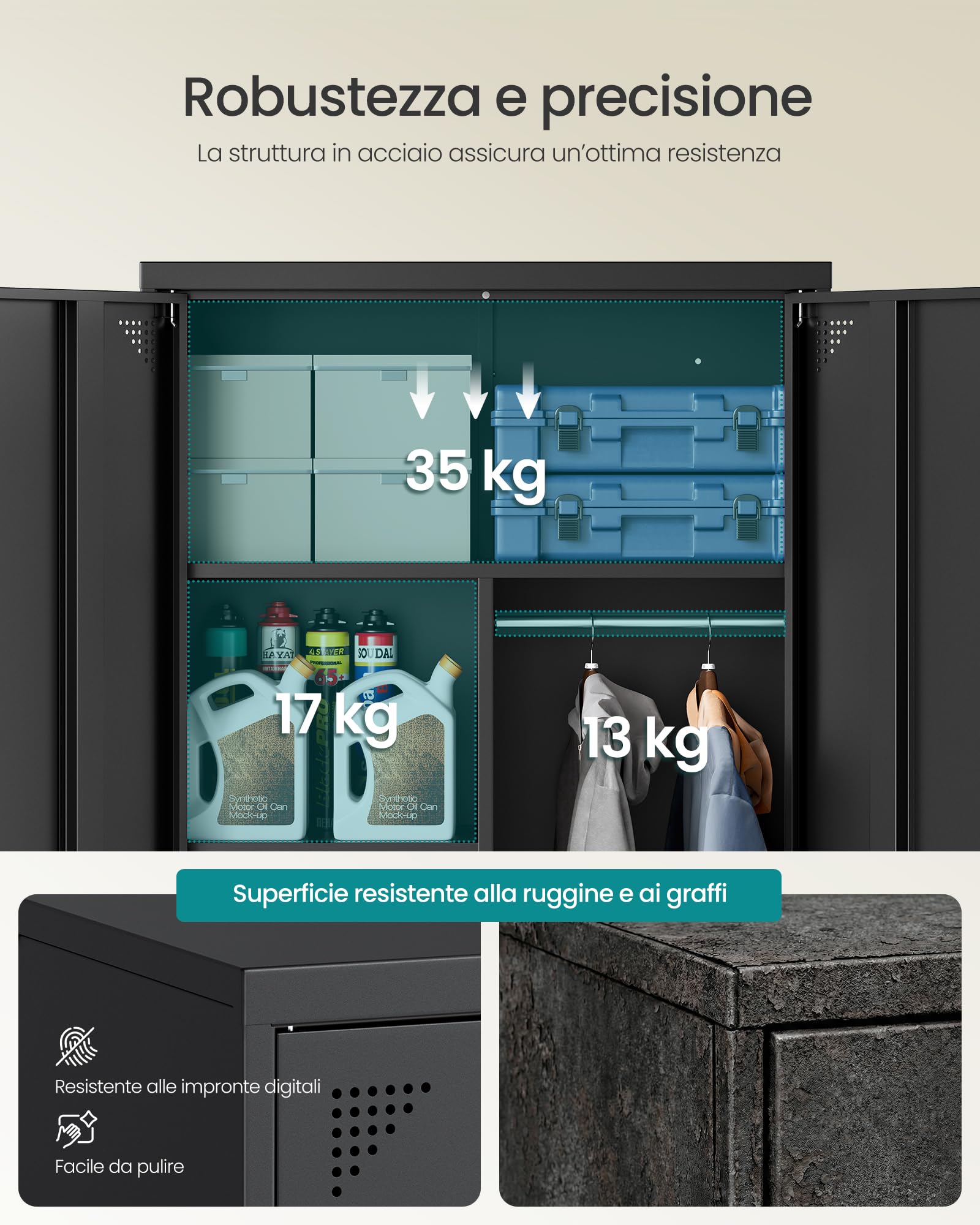 SONGMICS Armadio Multiuso, Guardaroba, Mobile da Ufficio in Metallo, con 2 Ante, 5 Scomparti, Barra Appendiabiti, Chiusura a Chiave, Piedini Alti, 80 x 40 x 165 cm, Nero Opaco OMC018BD01
