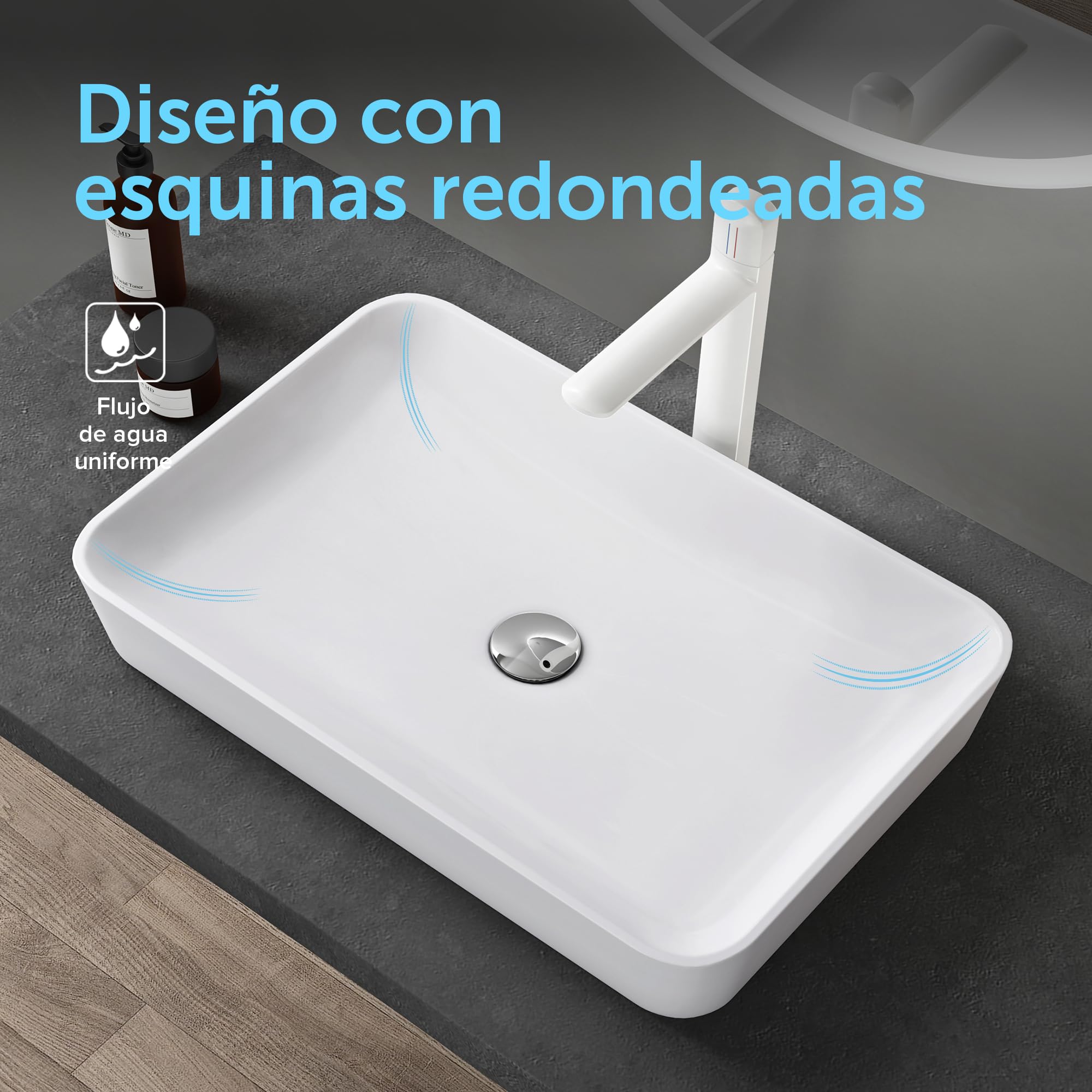 doporro Lavabo Sobre Encimera Rectangular 60x40x9 cm, Mármol Fundido Blanco Mate con Recubrimiento Nano, Conexión Estándar DIN, Colossum815