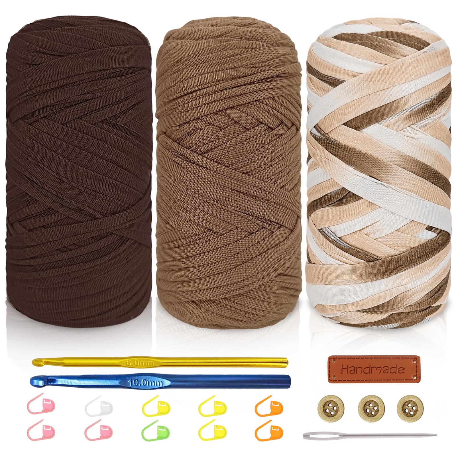 Tshirt Yarn Crochet Kit 3x200g Chunky Yarn for Crocheting with 6mm & 10mm Hooks + Accessories, Rich Color Combinations - Suitable for Beginners, Ideal for Making Bags, Home Decor（Brown-3）
