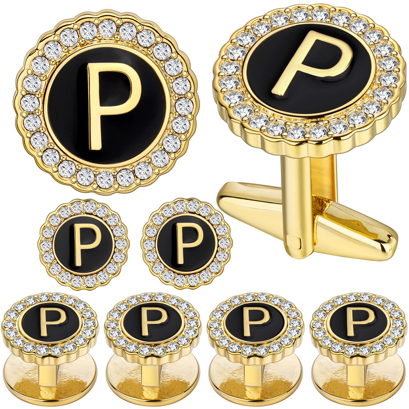 HAWSON 18K Gold Tone Initial Cufflinks for Men with Tuxedo Studs - Gift Boxed, Stylish Men's Jewelry Accessories for Weddings, Birthdays, Anniversaries, Father's Day