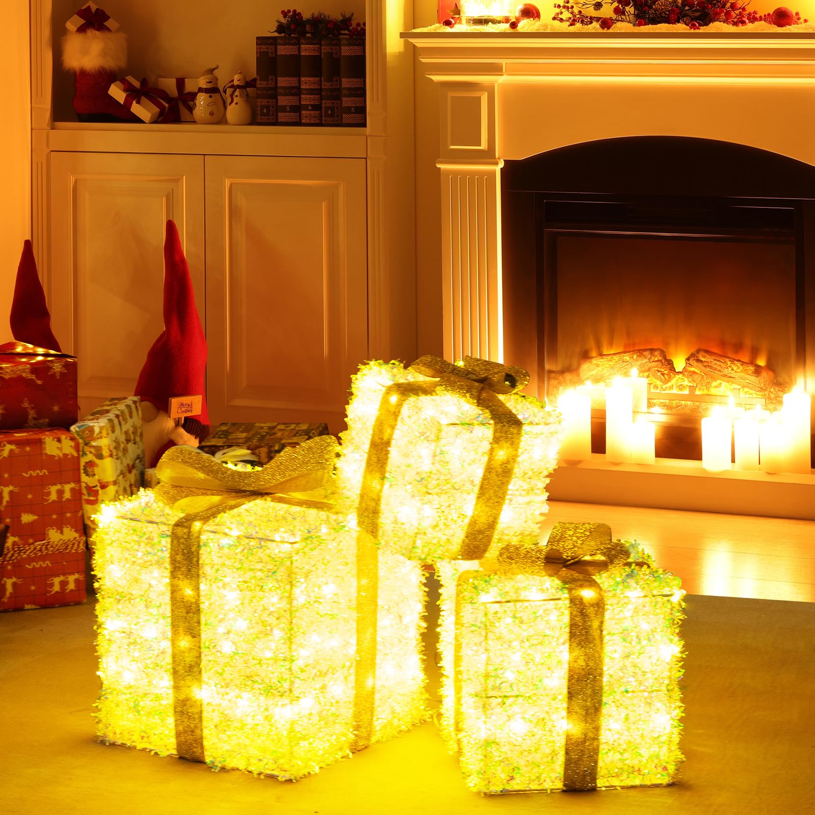 COSTWAY LED Geschenkbox 3er Set, beleuchtete Weihnachtsdeko mit 200 warmweißen LED-Lichtern, Weihnachtenbox mit goldenem Schleifen, Weihnachten Dekoboxen, Weihnachtsbeleuchtung für außen & innen