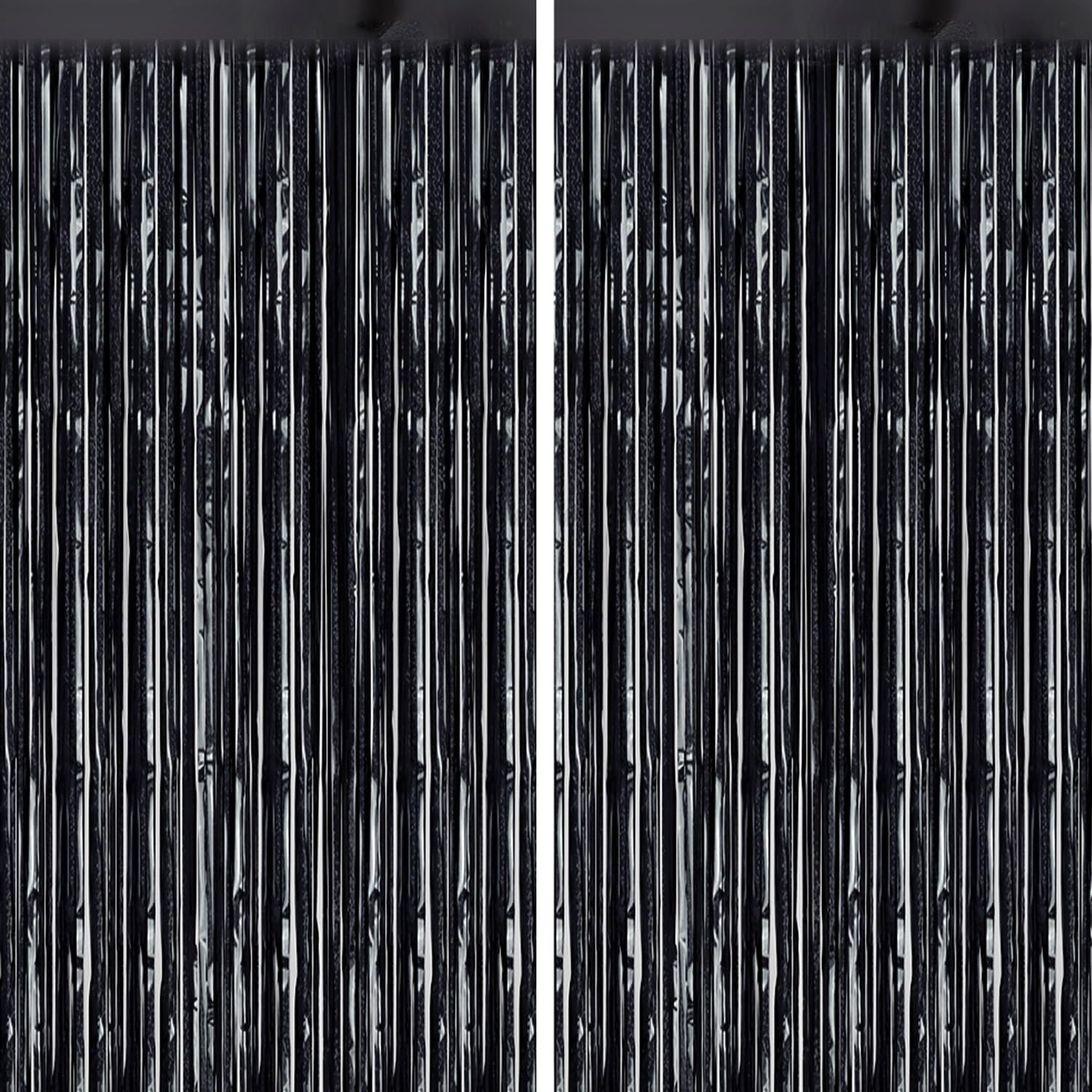 DECOCKRAT 2 Pack Foil Fringe Backdrop - Laser Black Shiny Tinsel Curtains for Party Decoration/Photo Booth Props - 3.3x6.6 FT Metallic Foil Backdrop for Birthday, Wedding, Graduation, Christmas.