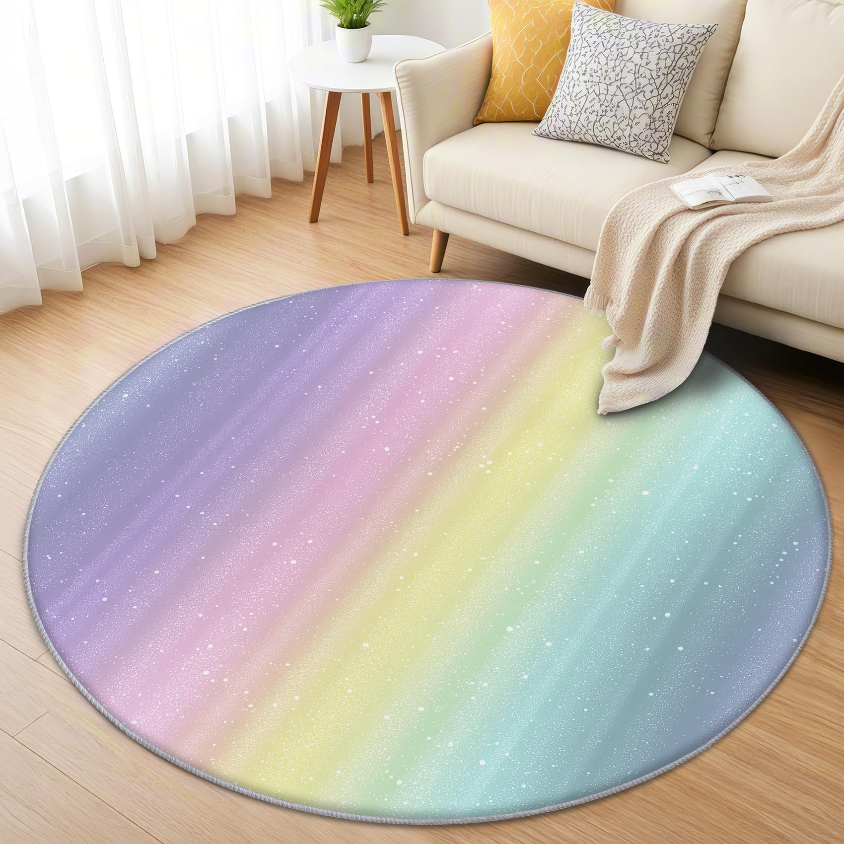 Regenbogen Mädchen Teppich Rund 100cm Kurzflor - Waschbare Teppiche Wohnzimmer Streifen Bunt Kinder Pastell - Runder Teppich 100cm Durchmesser - Bettvorleger Schlafzimmer rutschfest Weich