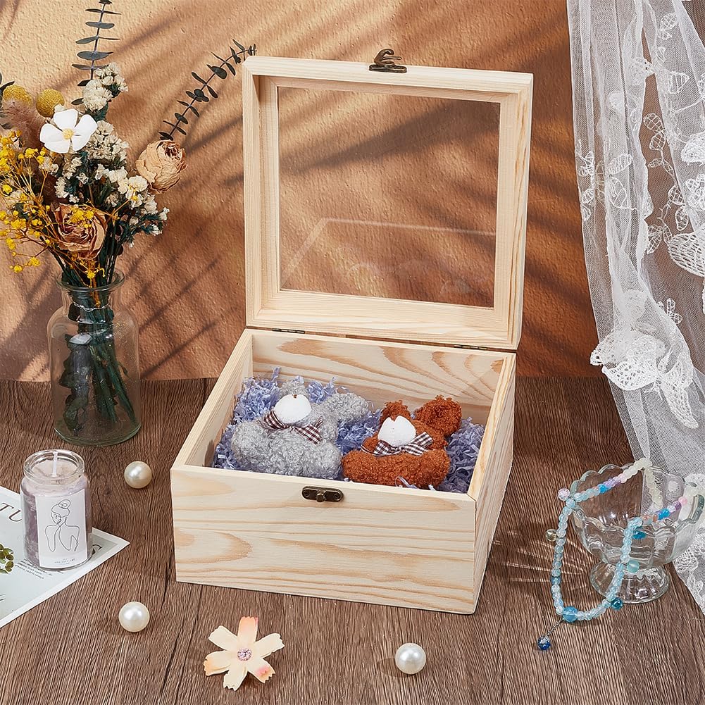 PH PandaHall Wood Storage Boxes 7.8x7.8x4.3inch Trinkets Storage Boxes Keepsake Container Square Wooden Display Case with Visible Glass Window and Clasps for DIY Craft Jewelry Keepsakes Gift Package image 4