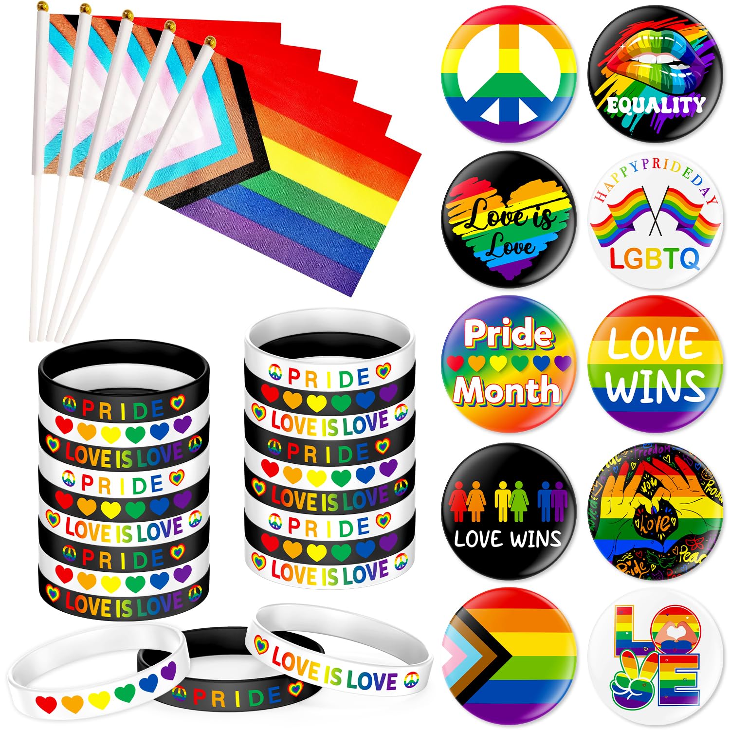 TEMYAXU Pride Accessories, Rainbow Lgbtq Party Decorations includes Small Gay Pride Flag Rainbow Lesbian Gay Pin and Bracelet, Silicone Bracelets for Lesbian LGBTQ Parade Celebration Daily Wear