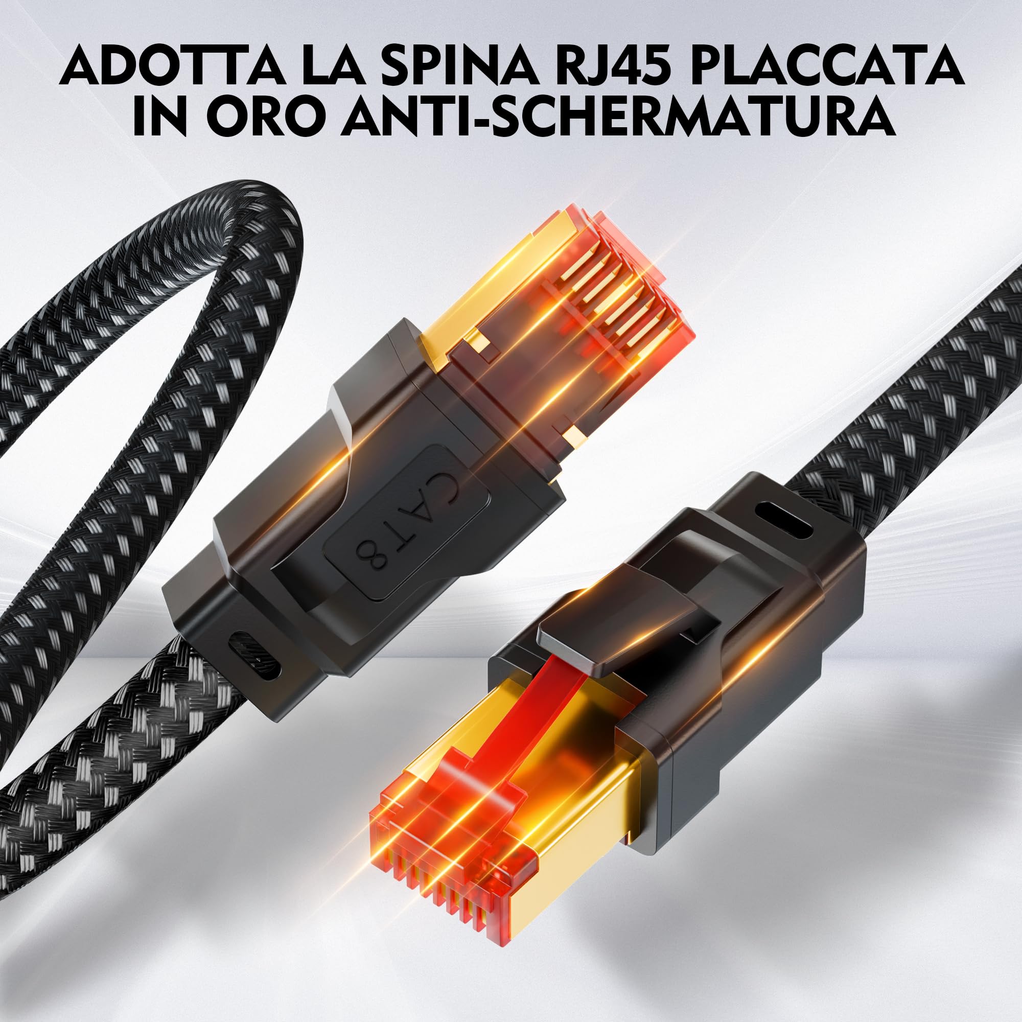 Cavo Ethernet 20 Metri, Cat 8 Cavo Lan 40Gbps 2000Mhz Alta Velocità, RJ45 Gigabit Cavo di Rete, Nylon Intrecciato Cavo Internet per Router, Modenm, PS4/5, PC, Gioco, Più veloce di Cat 6 e Cat 7