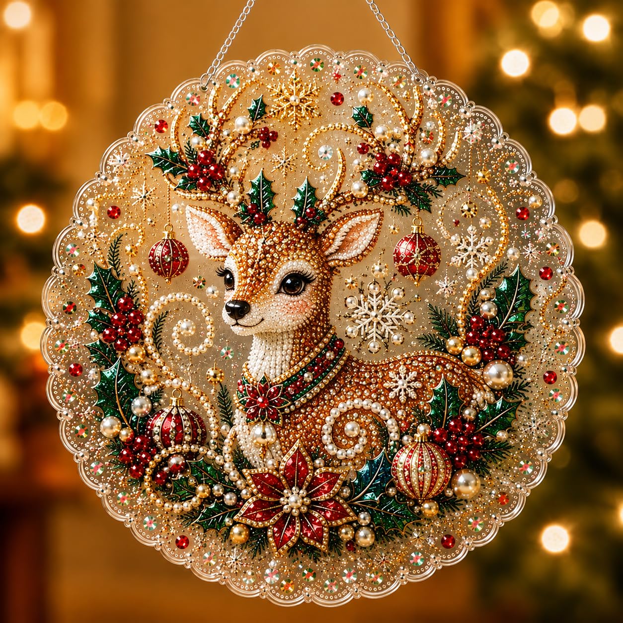 Christmas Pearl Art Suncatcher Kit, Pearl Art Christmas DIY Craft (Red-C)