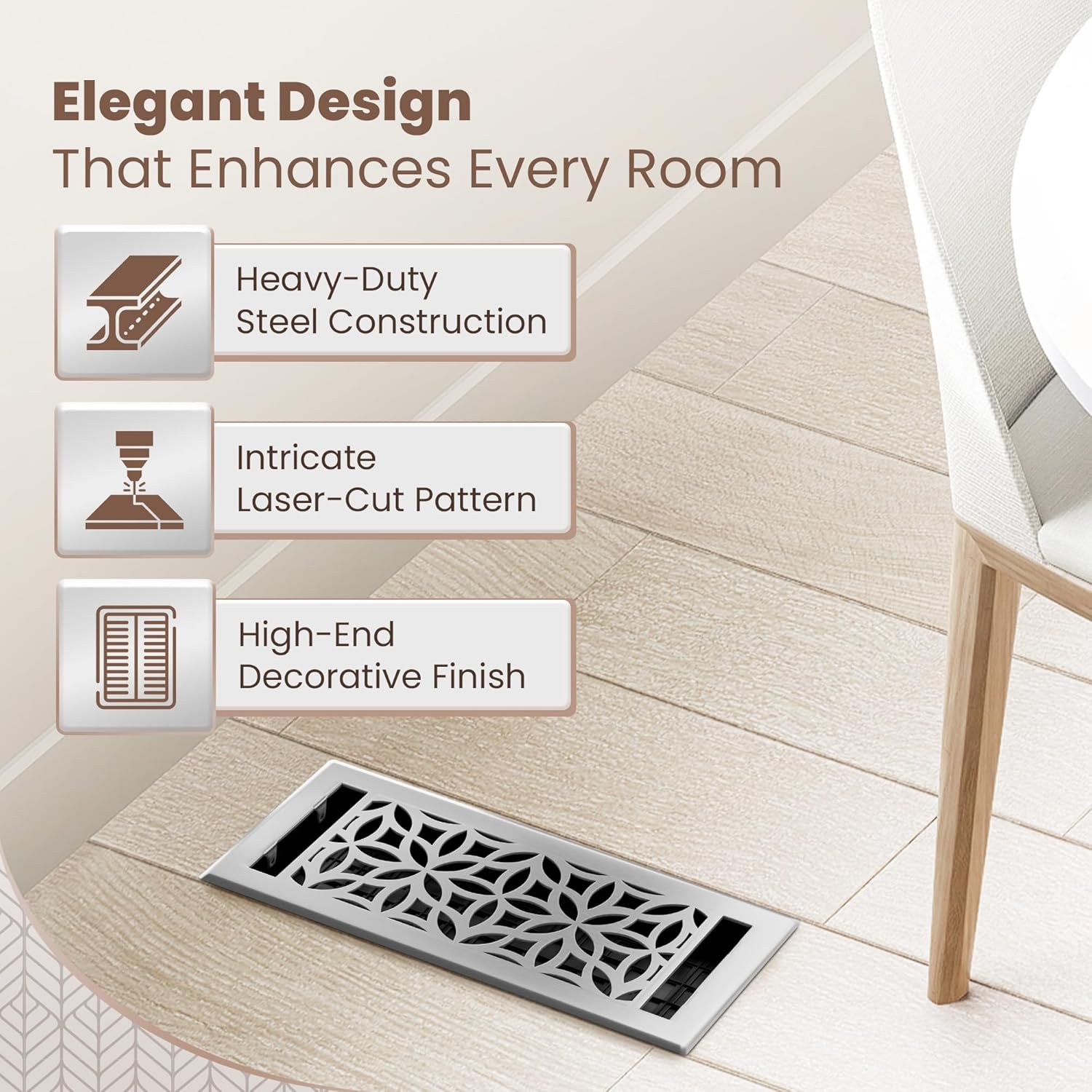 Floor Register 4x10 Vent Cover – 8 Pack – Heavy-Duty Steel, Rustproof & Walkable Grates, Easy Drop-in Install, Adjustable Air Supply Switch - Decorative Floral Design, Brushed Nickel